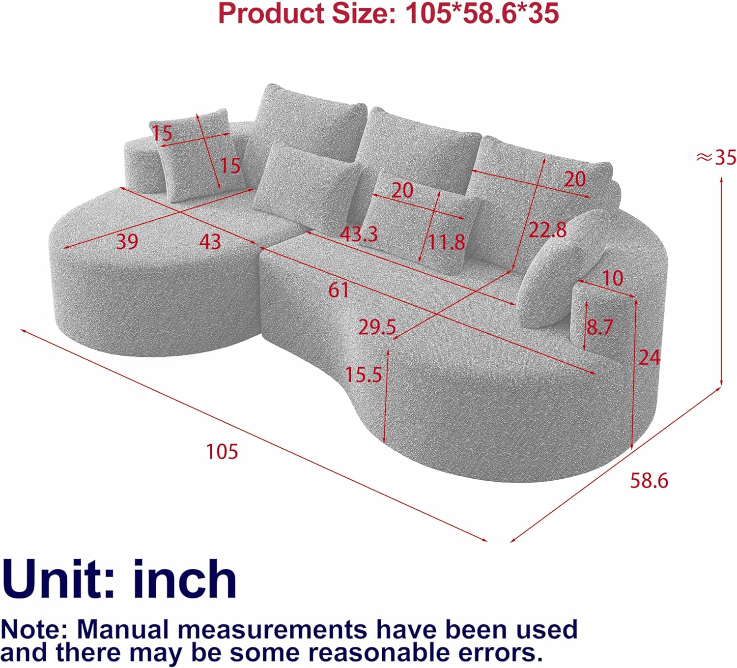 KEIKI 105" L Shaped Corner Couch with Chaise, Upholstered Curved Sectional Sofa, Chenille Sectional Couch for Living Room, Bedroom, Black