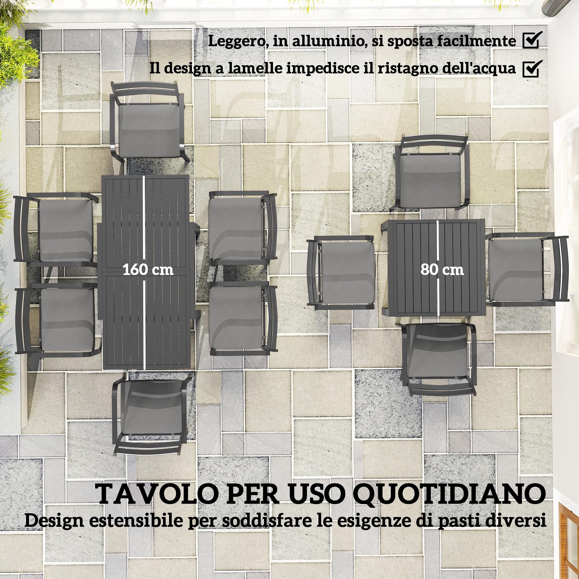 Outsunny Set Tavolo da Giardino con Sedie da 7 Pezzi, Set da Pranzo con Tavolo Allungabile, 6 Sedie da Esterno Impilabili con Braccioli e Cuscini, Set di Mobili a Doghe in Acciaio Alluminio, Grigio