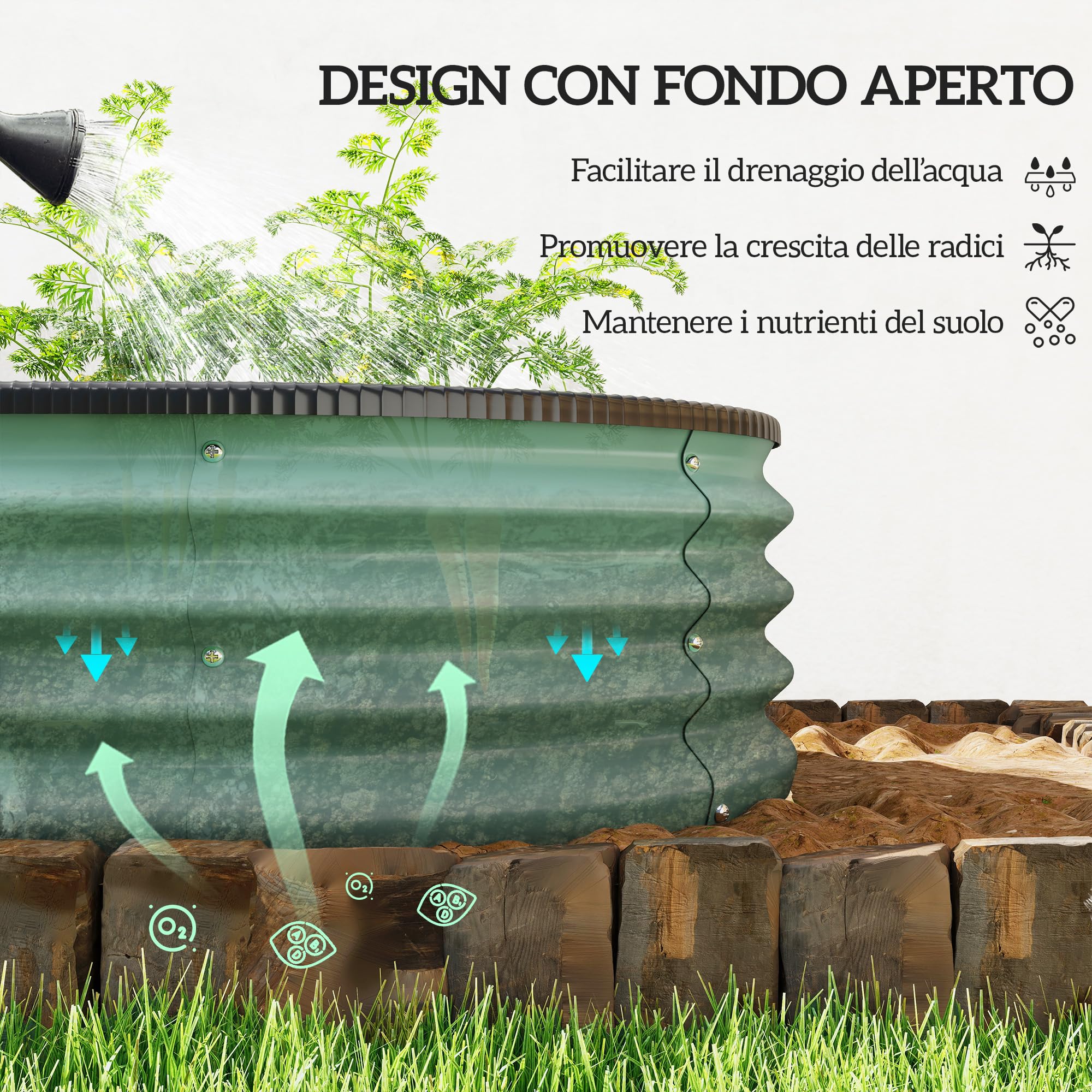 Outsunny Set di 2 Aiuola Rialzata Modulari 135x90x30 cm Verde | Cassoni Orto con Bordo in Gomma, Fondo Aperto, Letti per Orto Rialzato in Acciaio Zincato per Erbe, Frutta, Verdura