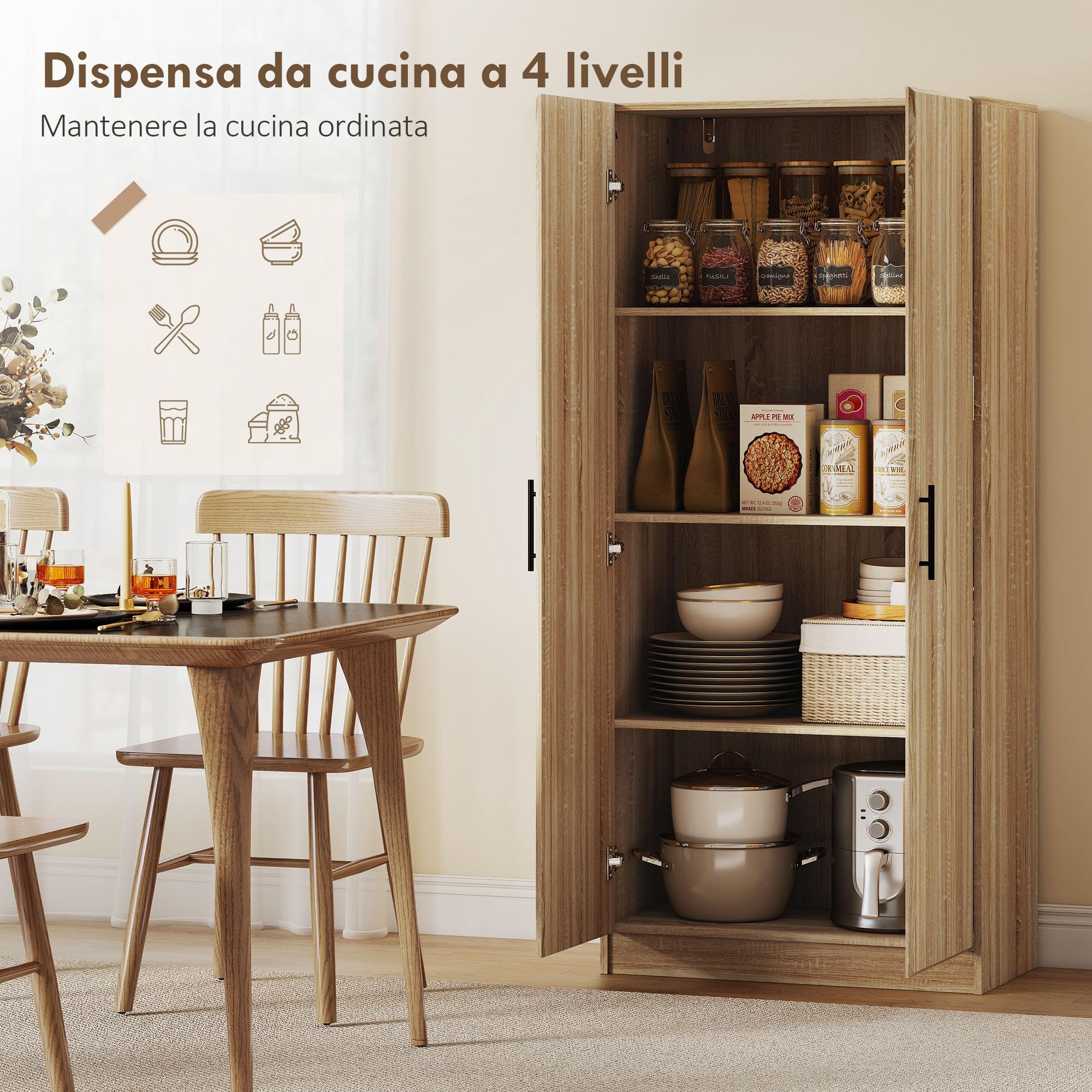 HOMCOM Credenza Cucina con Ante a Chiusura Ammortizzata, Dispensa Cucina con 2 Ripiani Regolabili, Mobile Dispensa per Soggiorno, Sala da Pranzo, Salotto, 75x40x165 cm, Color Legno