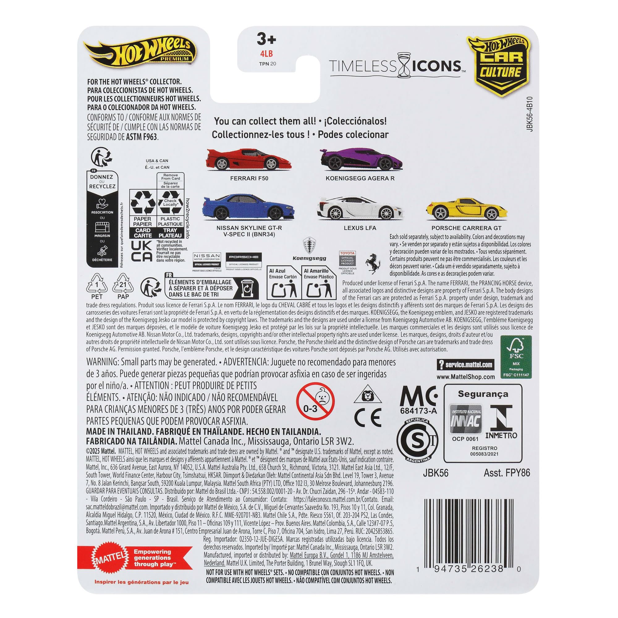 Hot Wheels Ferrari F50 Timeless Icons, Premium Car Culture Kultowe auta Metalowy samochód zabawka w skali 1:64 z oponami Real Riders, JBK56