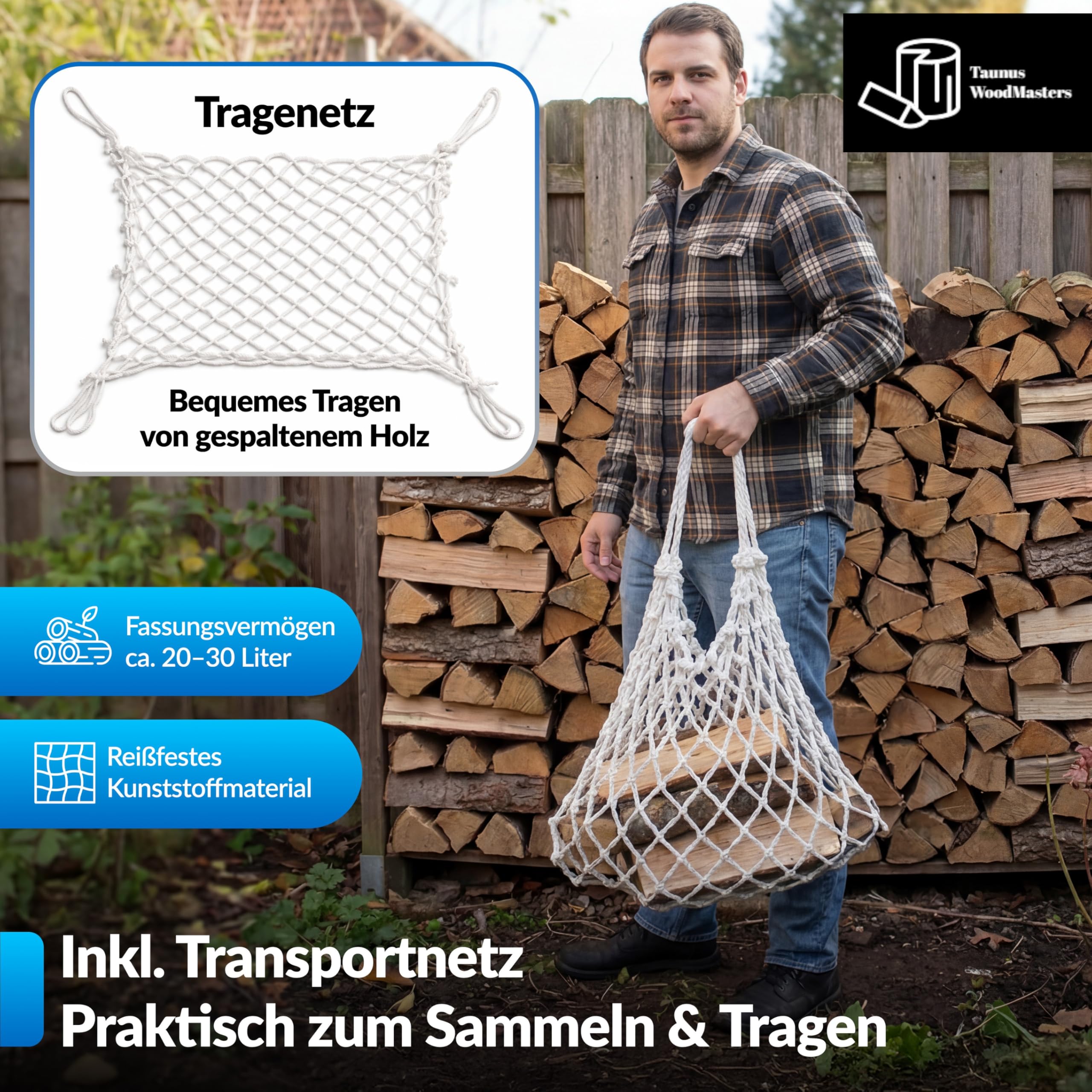 Manuelles Holzspalter Set – Handholzspalter mit Bodenanker, Transportnetz und Schleifstein – Sicher Holz spalten ohne Strom – Taunus Woodmasters