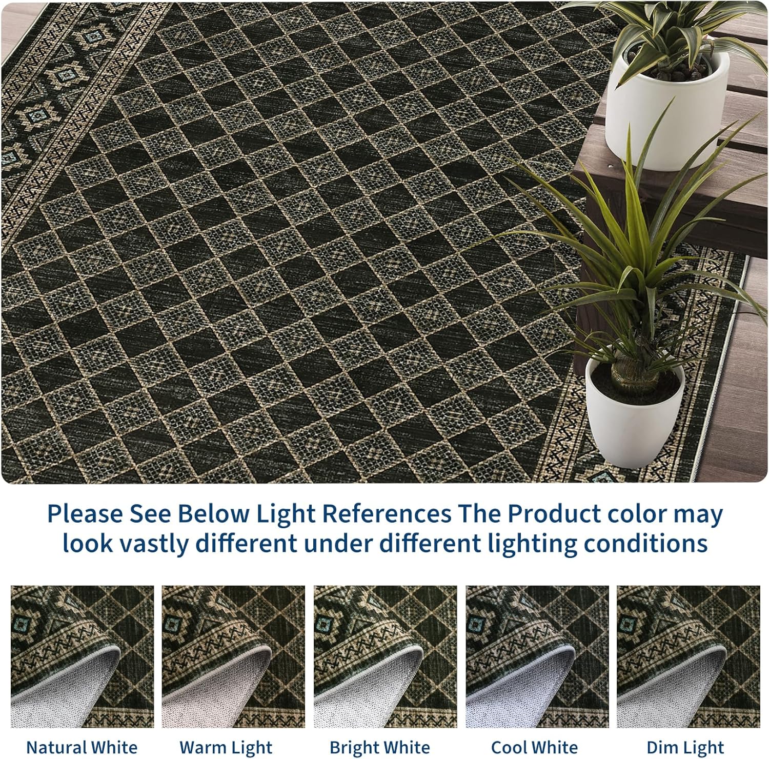 GarveeHome Large Dining Room Rugs 10x13 Bordered Accent Rugs with Non-Slip Backing, Stain-Resistant Vintage Floor Carpet, Washable Low Pile Indoor Mat for Living Room, Office, Black