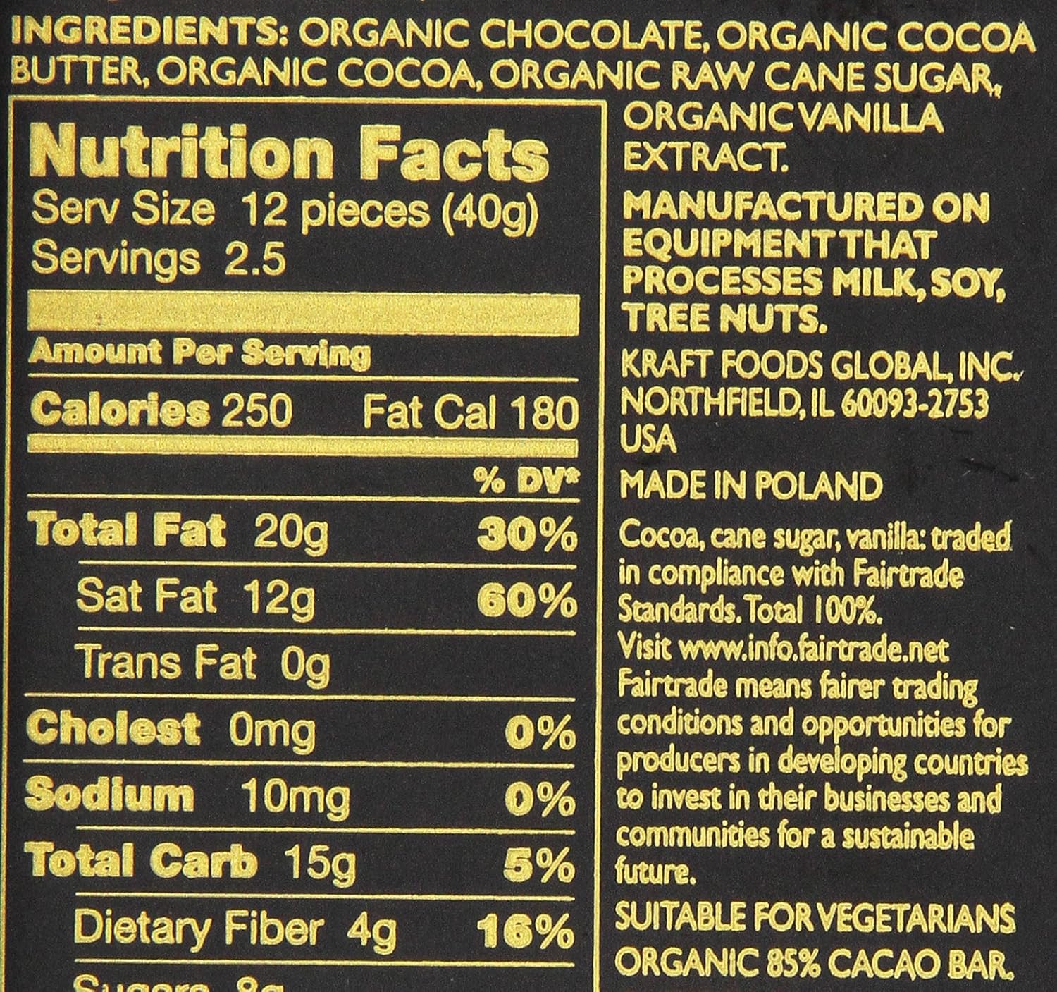 Green and Black's Organic Chocolate Bars Dark Chocolate 85 Percent Cacao Bars, 10 Count