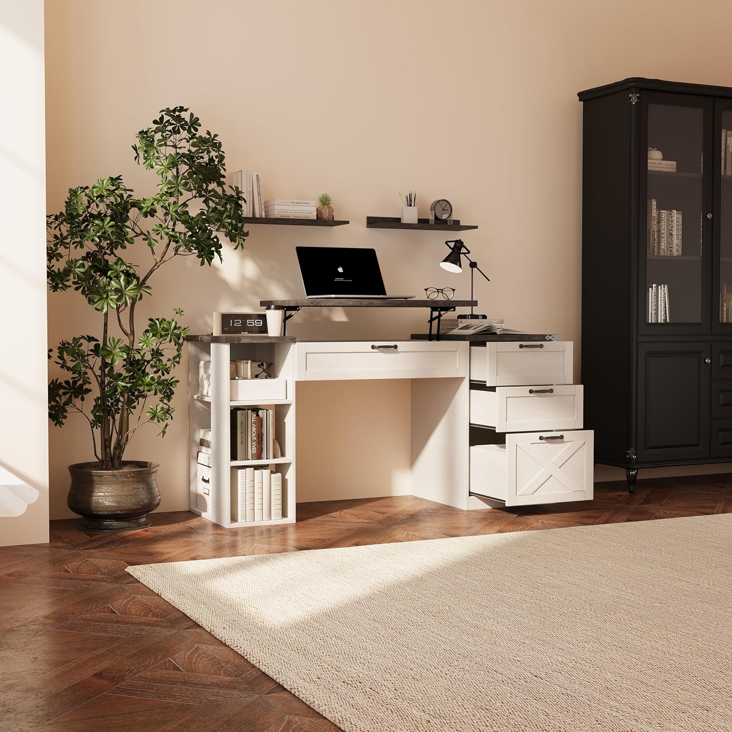 Farmhouse Lift Top Desk: Rustic Wood Standing Desk with 3 Drawers & Open Storage Shelves, Adjustable Height, White & Brown Home Office Computer Desk for Work, Study, Writing (White+Dark Walnut)