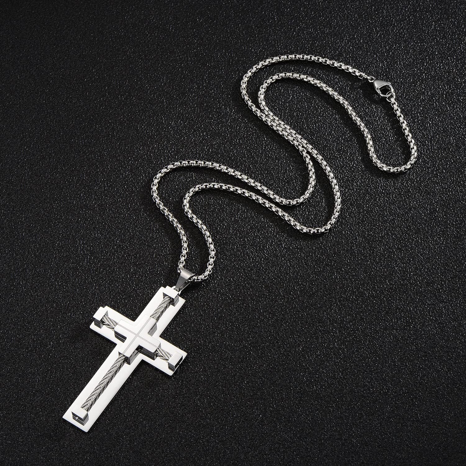 Gold Cross Necklace for Men, Large Stainless Steel Men's Jewelry Necklace, White Gold Cross Necklace for Men with Gift Box - Image 6