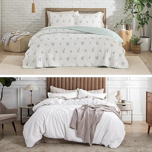 Bedsure Juego de edredón floral tamaño Queen y funda de edredón de algodón, reversible, de microfibra de flores de primavera botánica, colcha ligera