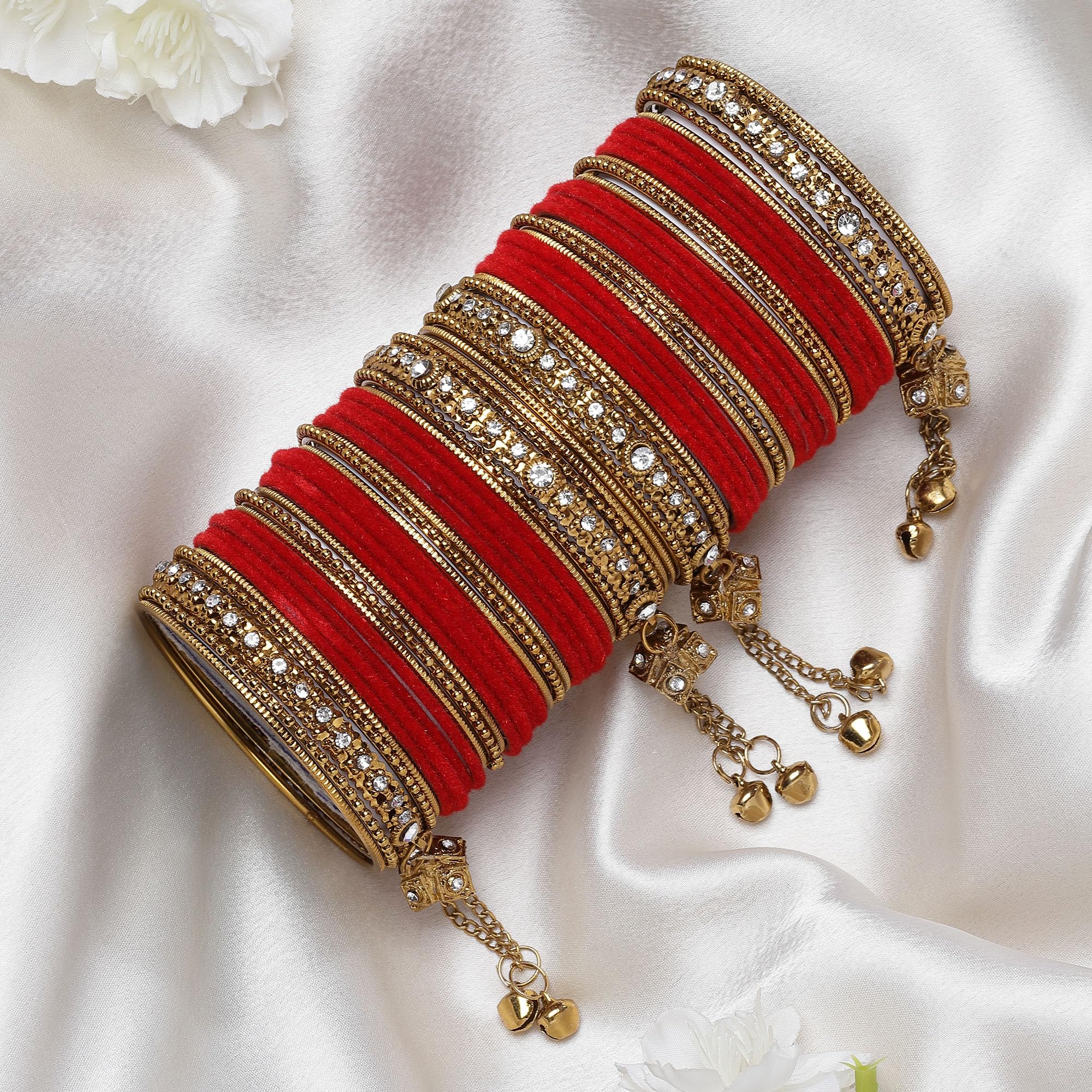 Gold-Plated Velvet Diamond Pearl Bangles Set of 56