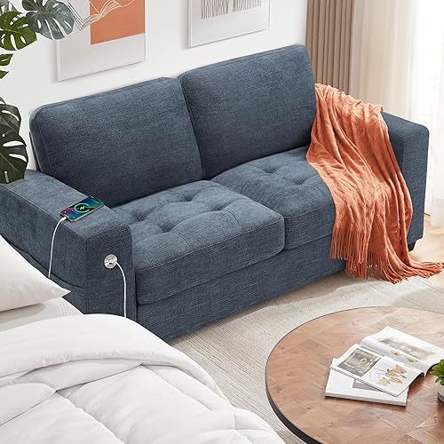 Ihanherry 70 Inch Loveseat Sofa with USB/Type-C Charging Port & Side Pocket, Comfy Modern 2-Seats Sofa for Living Room & Bedroom, Removable Medium Firm Sofa Cushion, Breathable Chenille Fabric, Blue