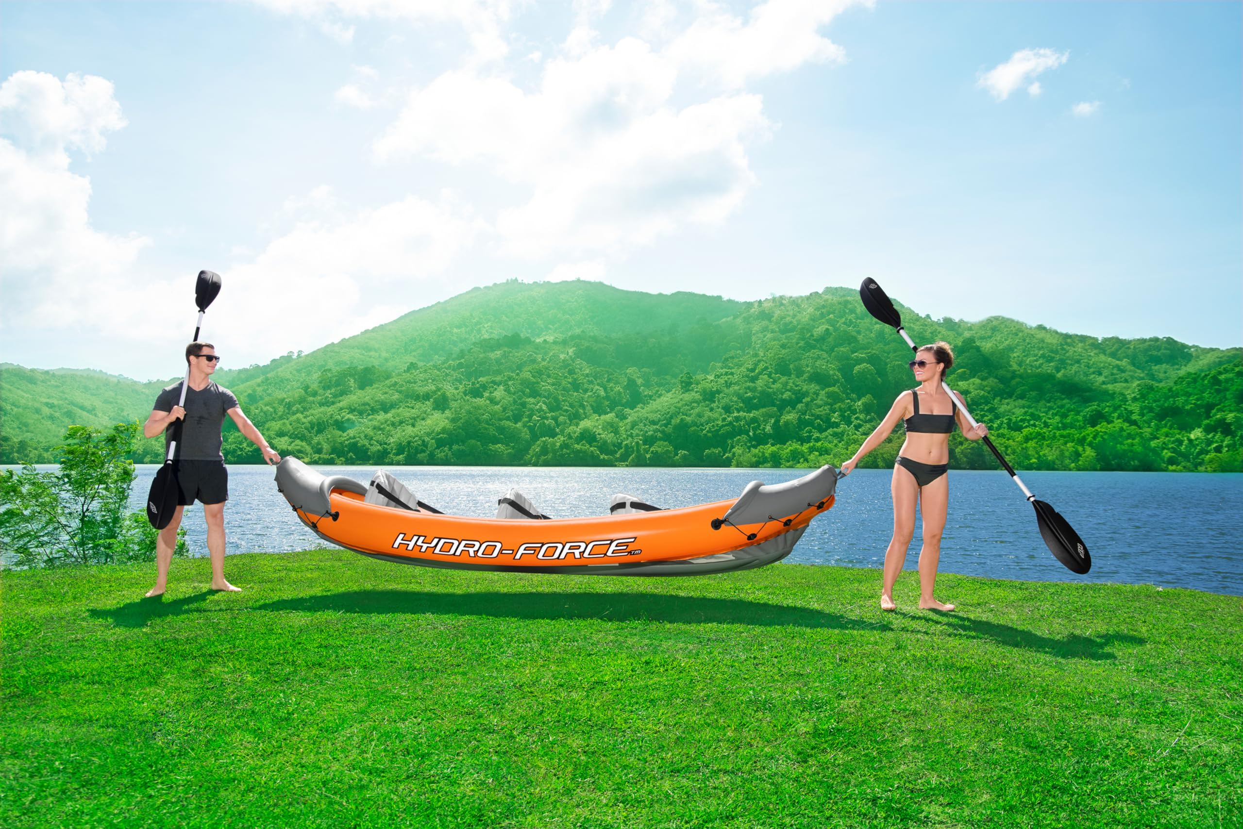 Bestway | Hydro-Force Rapid X3 Kayak | Juego de Botes inflables con Bomba de Mano, Remo, Asientos, Aletas y Bolsa de Almacenamiento | Tres plazas