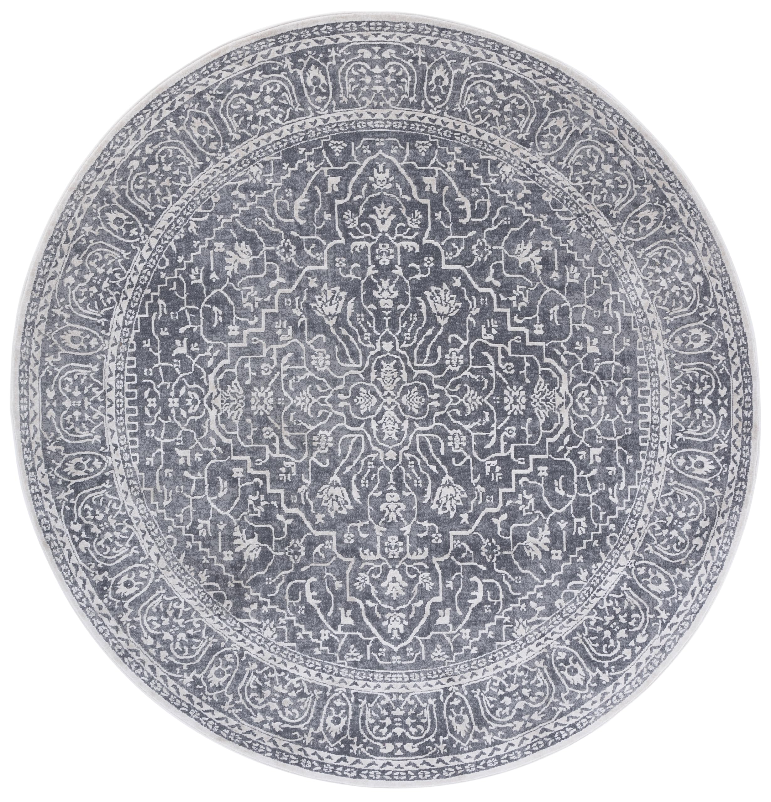 SAFAVIEH Area Rug 8' Round - Reflection Collection - Large - Dark Grey & Cream, Non-Shedding & Easy Cleaning, Ideal for Living Room, Bedroom, Dining