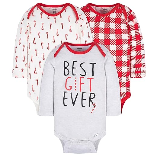 Gerber Baby 3-Pack Holiday Long-Sleeve Onesies, 3-6 Months