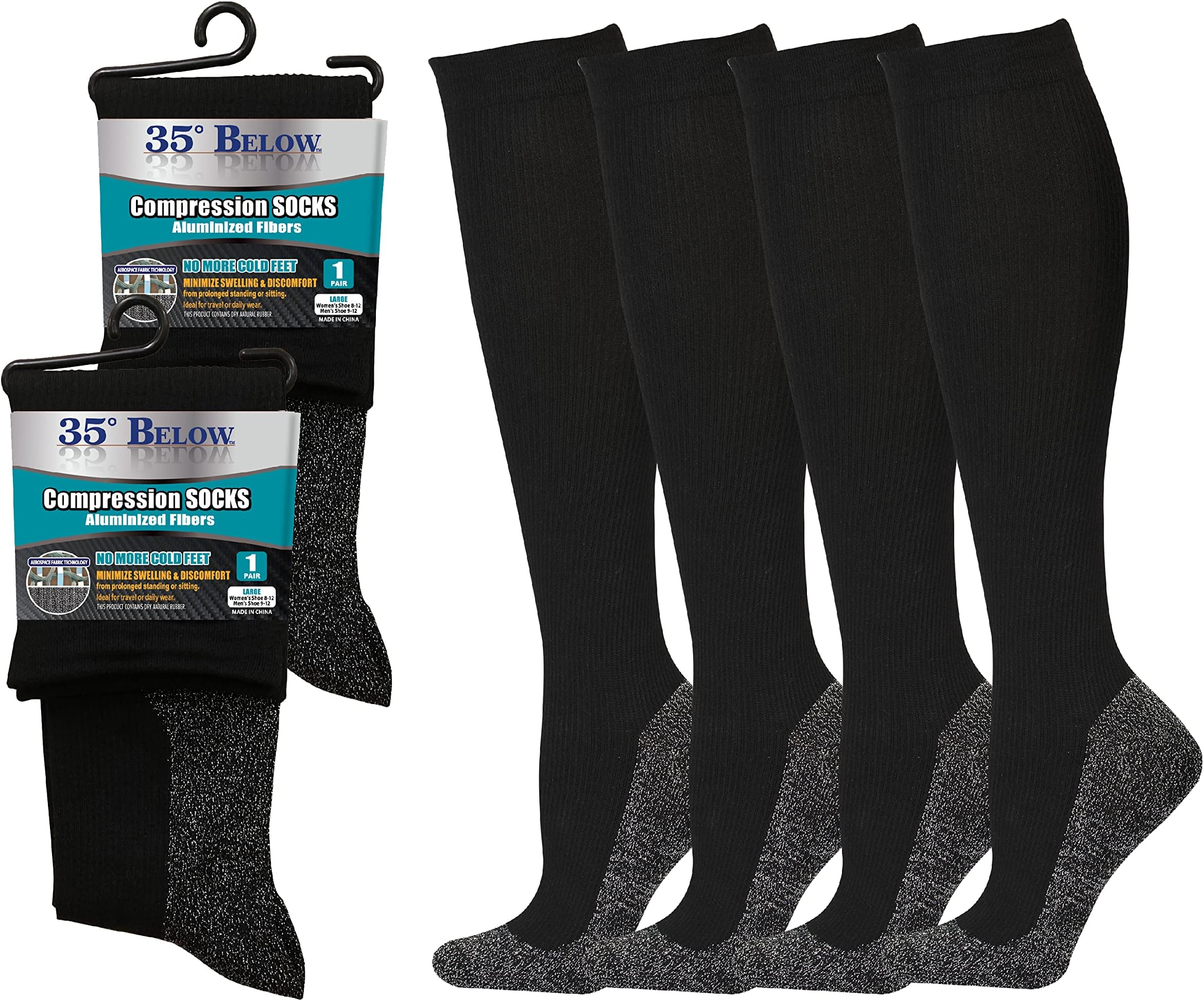 35° BELOW Compression Knee High Socks, Men/Women 1 or 2 Pairs, Best Support- Circulation, Swelling, Travel, Running, Athletic