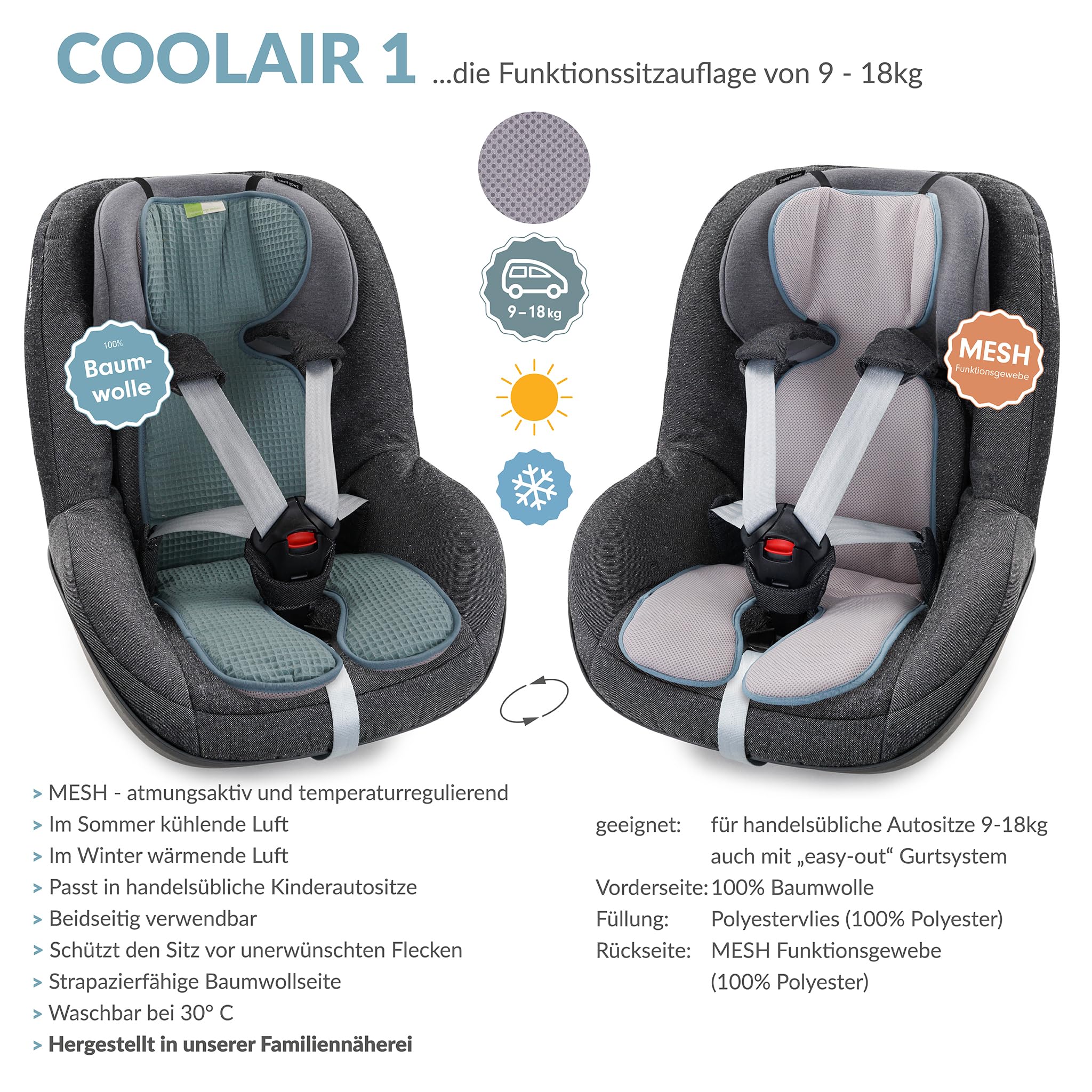 Coolair Sitzauflage für Kindersitze Gruppe 1 (9 kg bis 18 kg) I Atmungsaktive Sommer Sitzeinlage Autositz I Sommerbezug - Kühlt und schützt den Sitzbezug vor Flecken