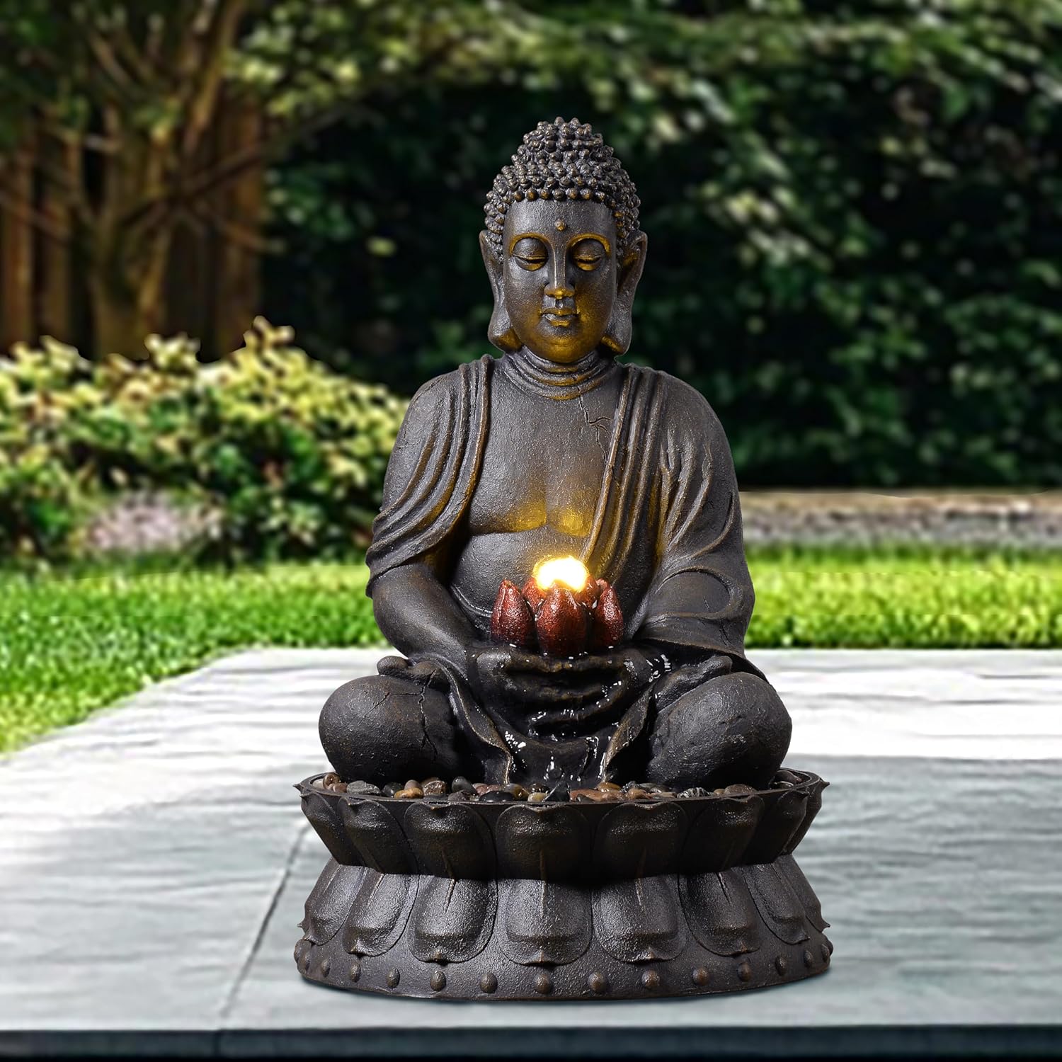 21.3 Inch Buddha Water Fountain with LED Lights, Indoor & Outdoor Decorative Waterfall, Dark Bronze