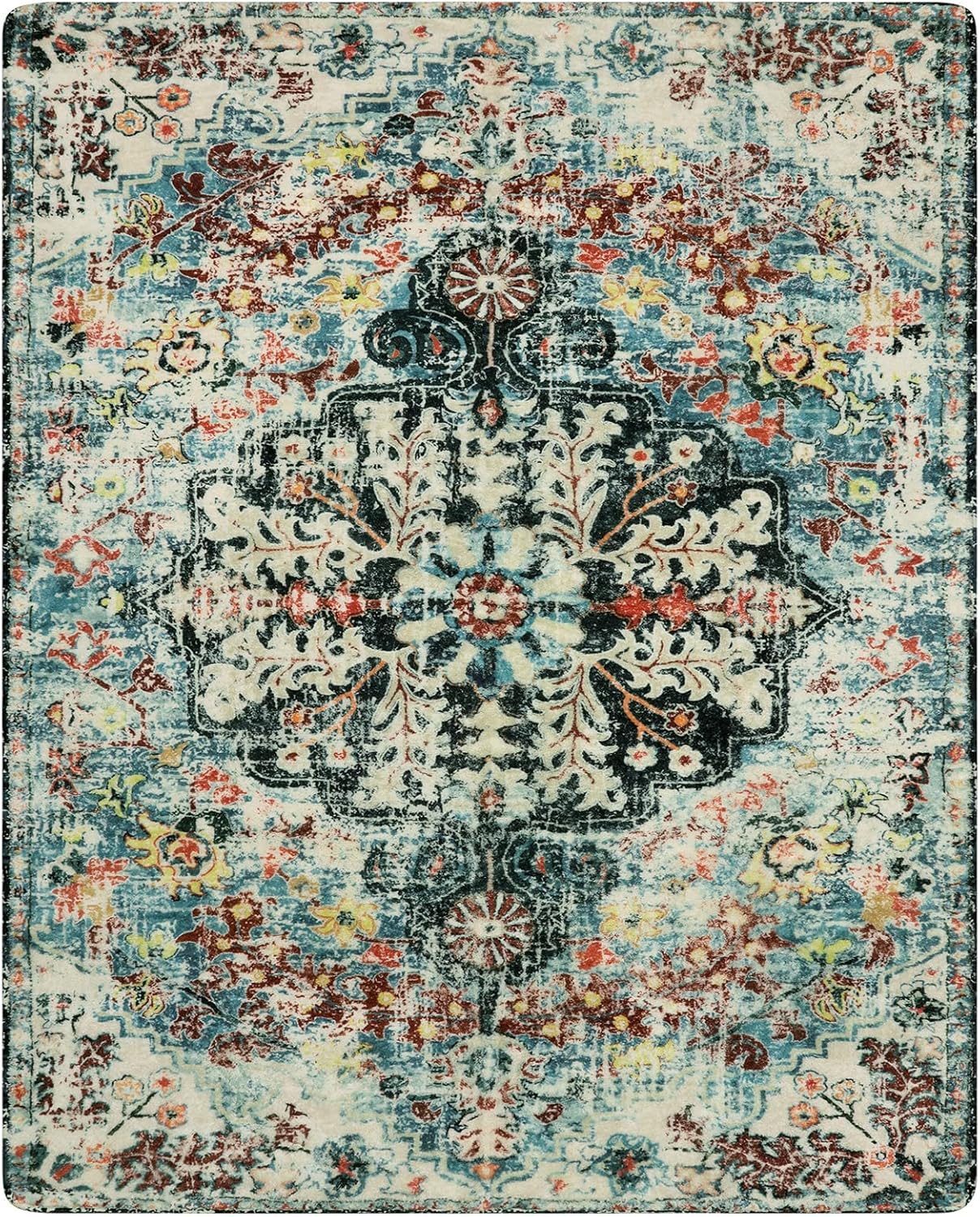 Tapis doux à poils courts bleu style traditionnel vintage