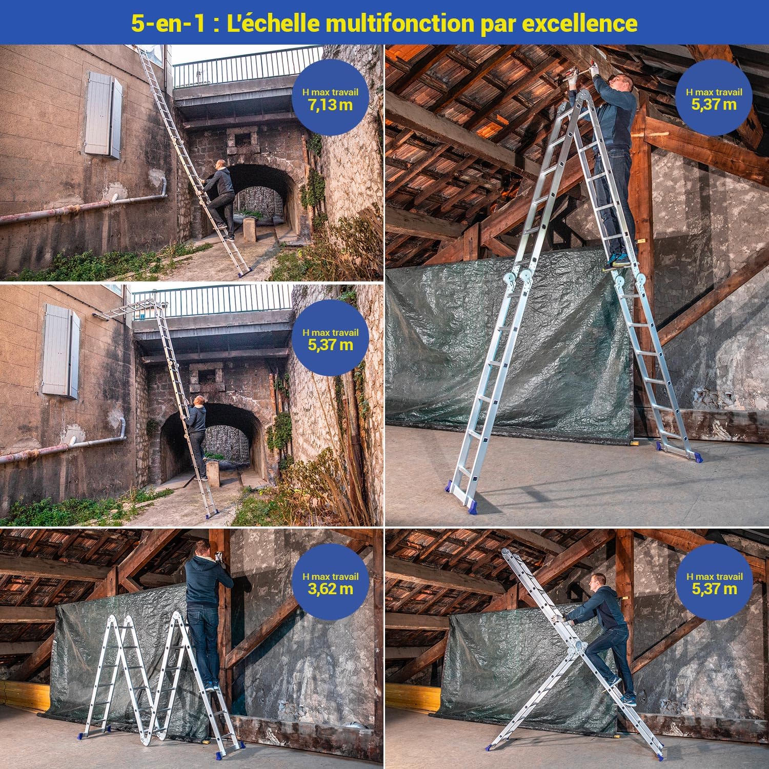 HOSTRÖM Echelle Pliante articulée, Garantie 5 Ans, STAVALANCE4x6, 6,8m, 24 marches, Multifonction, escabeau, Aluminium, H Travail Max 7,13m
