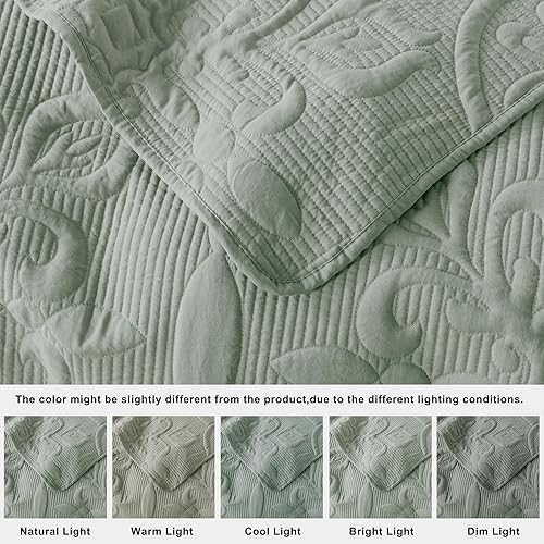 Miniatura 5 de Juego de ropa de cama de damasco tamaño individual con funda de almohada, colcha bohemia suave y ligera, manta acolchada verde salvia, funda de cama