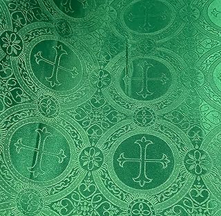 Green Religious Cross Jacquard Brocade Church Fabric, 58 Inches Wide, Sold by Yard
