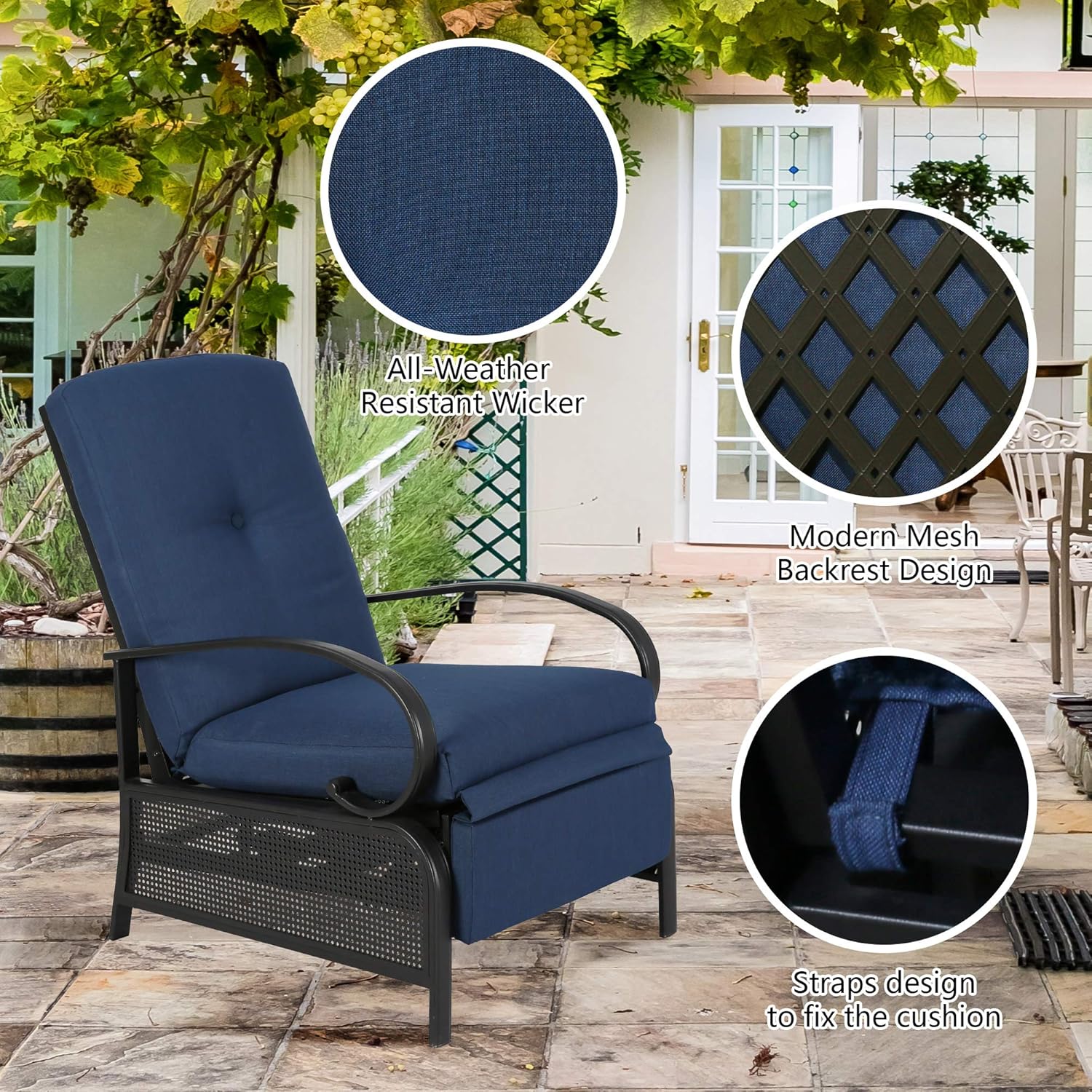 PATIO TREE Adjustable Outdoor Reclining Lounge Chair Patio Recliner Chair with Strong Extendable Metal Frame and Removable Cushions for Outdoor Reading or Relaxation (Navy) : Patio, Lawn & Garden