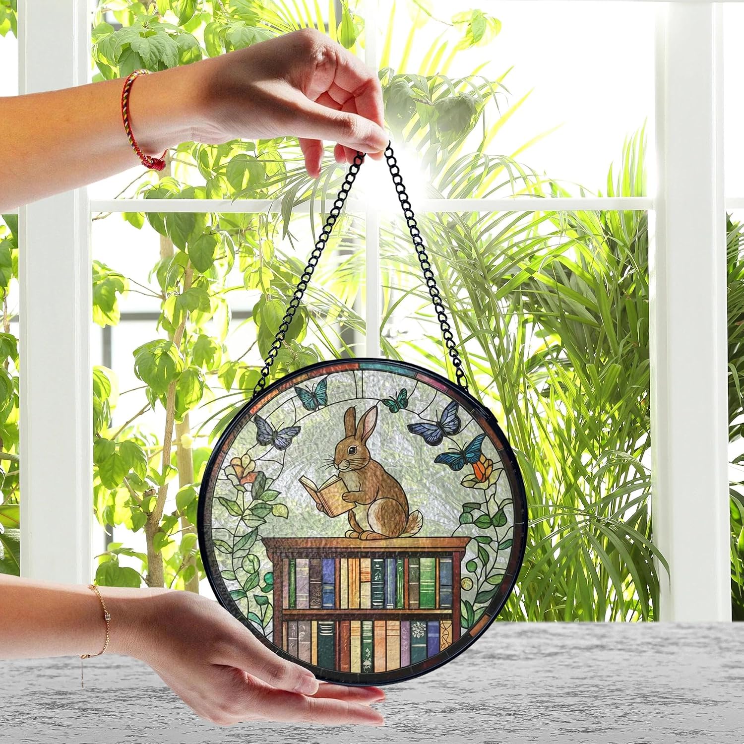 Easter Bunny Book Lovers Stained Glass Window Hanging, Book Lovers Bunny Sun Catchers Indoor Window Round Glass Wall Art Decor, Easter Rabbit Suncatcher Wall Hanging Decorations, Lawn Care