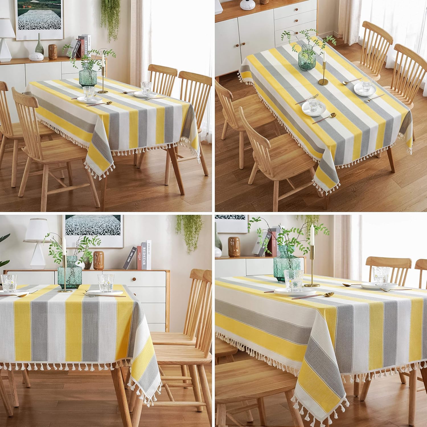 AmHoo Striped Tassel Tablecloth Stitching Rectangle Table Cloth Cotton Linen Fabric Table Cover for Kitchen Dinning Tabletop 55 x 55 Inch Yellow