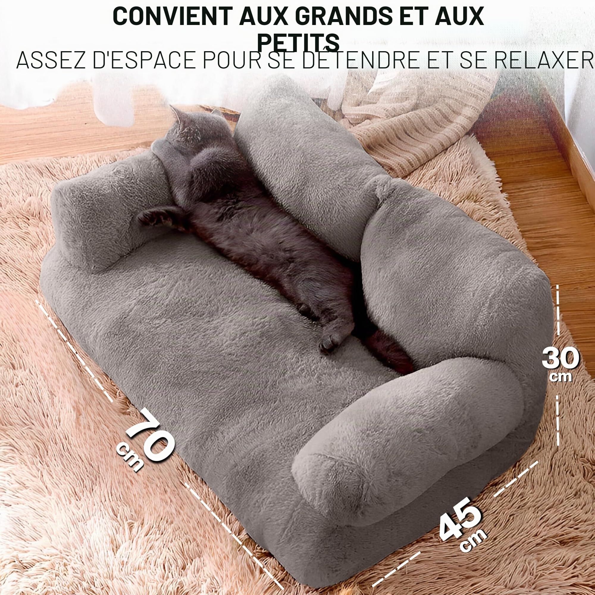 Canapé pour chat Simba Canapé pour chats et chiens en gris | Mini-coussin inclus | 70x48cm | Lit pour chat lit pour chien petits chiens | Moelleux suffisamment rembourré | Housse amovible