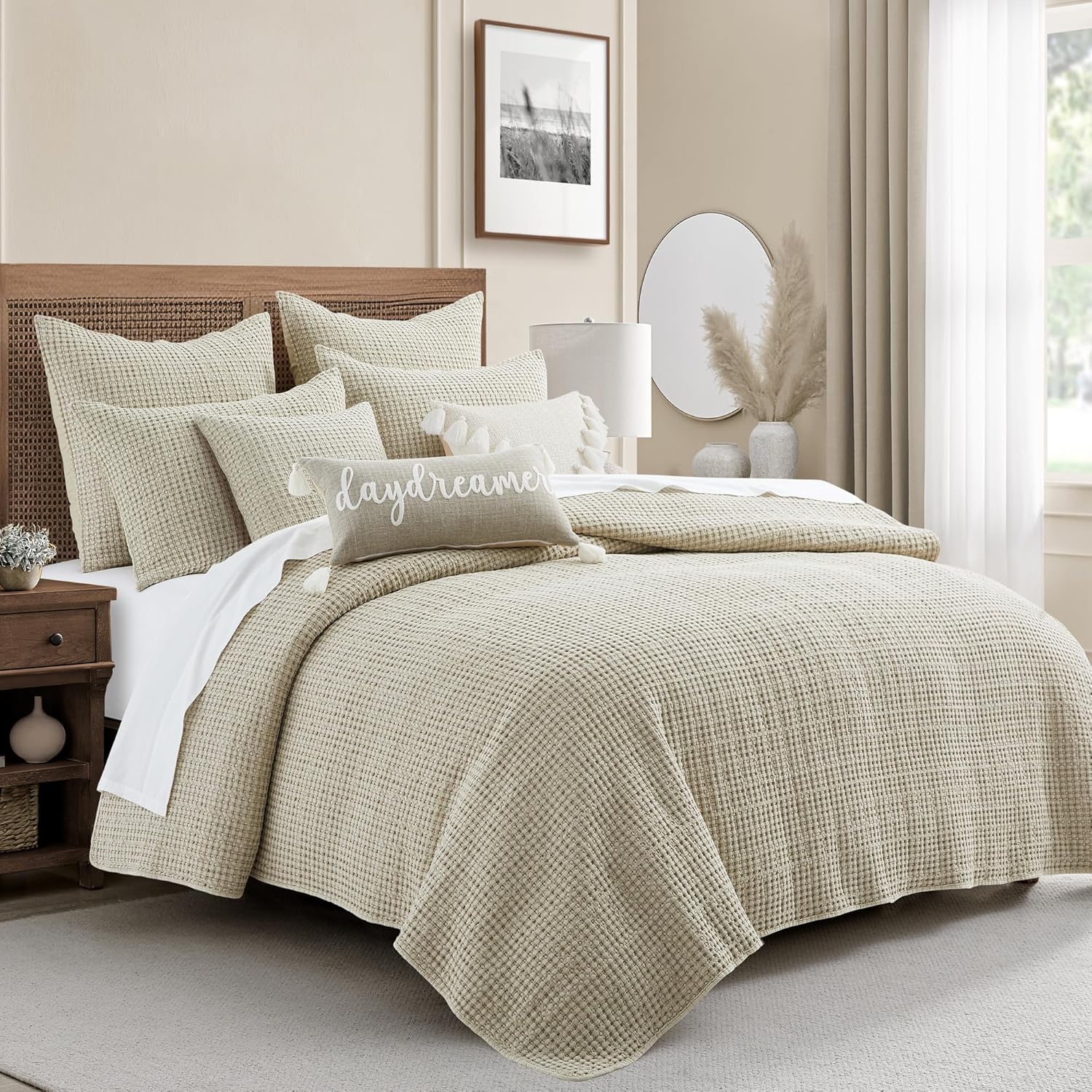 levtex home mills waffle king/cal king quilt set (106x92in) with 2 pillow shams (36x20in) - wheat - cotton waffle king size quilt bedding set - lightweight, soft, pre-washed | textured king quilt wheat