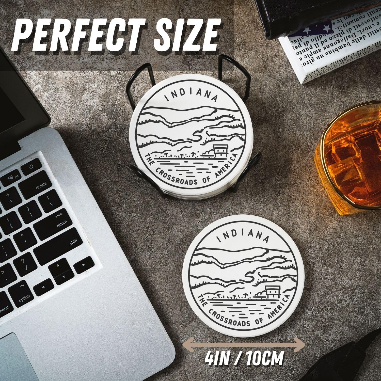 Onebttl Indiana Gifts Coaster Souvenir, Travel Homesick Gifts, Home Decor for Women, Moving, Housewarming, Set of 6, Ceramic, Absorbent with Cork Base - Image 2