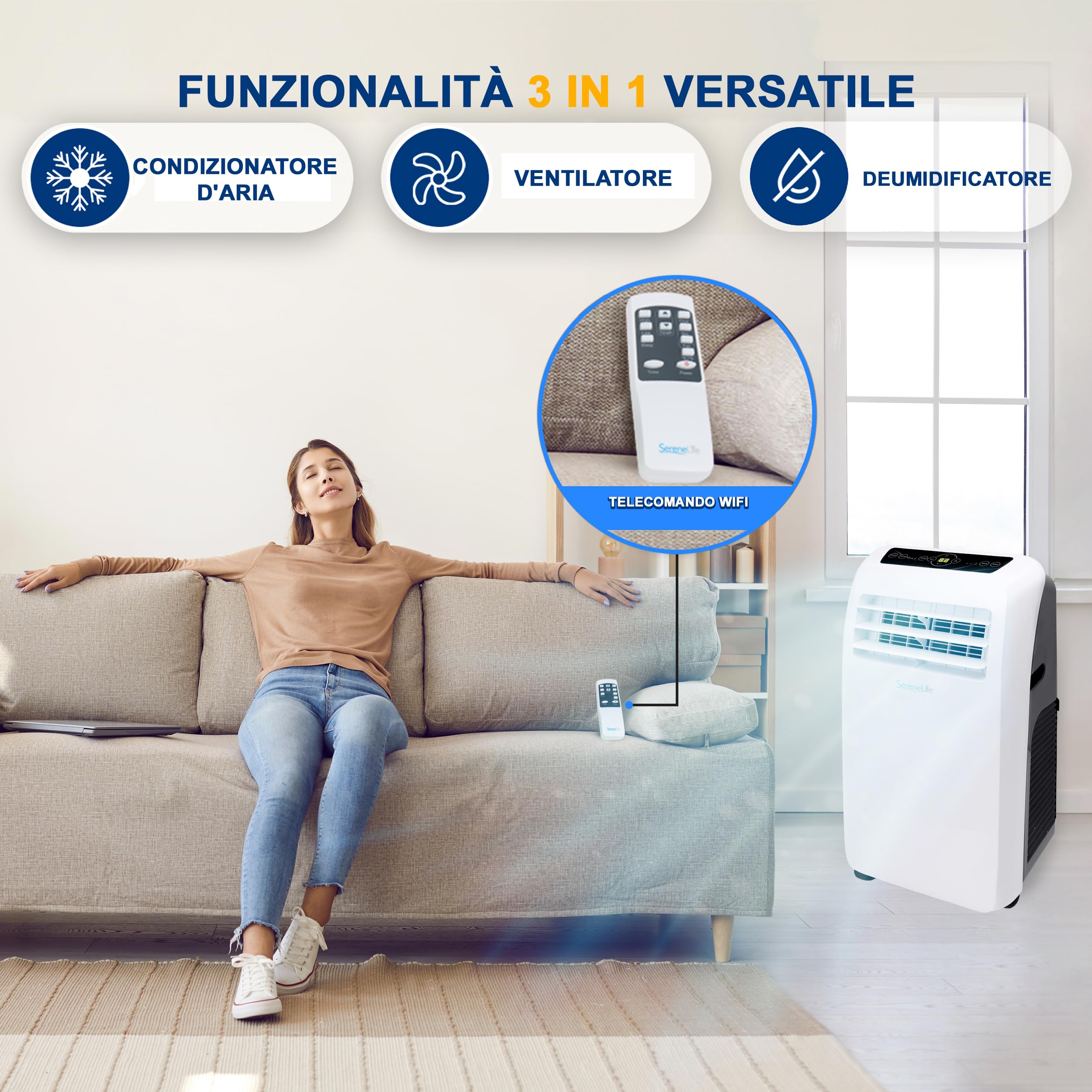 SereneLife Condizionatore Portatile 3-in-1, Deumidificatore Integrato, Ventilatore, Telecomando, Kit Scarico Finestra, 9,000 BTU, Classe A