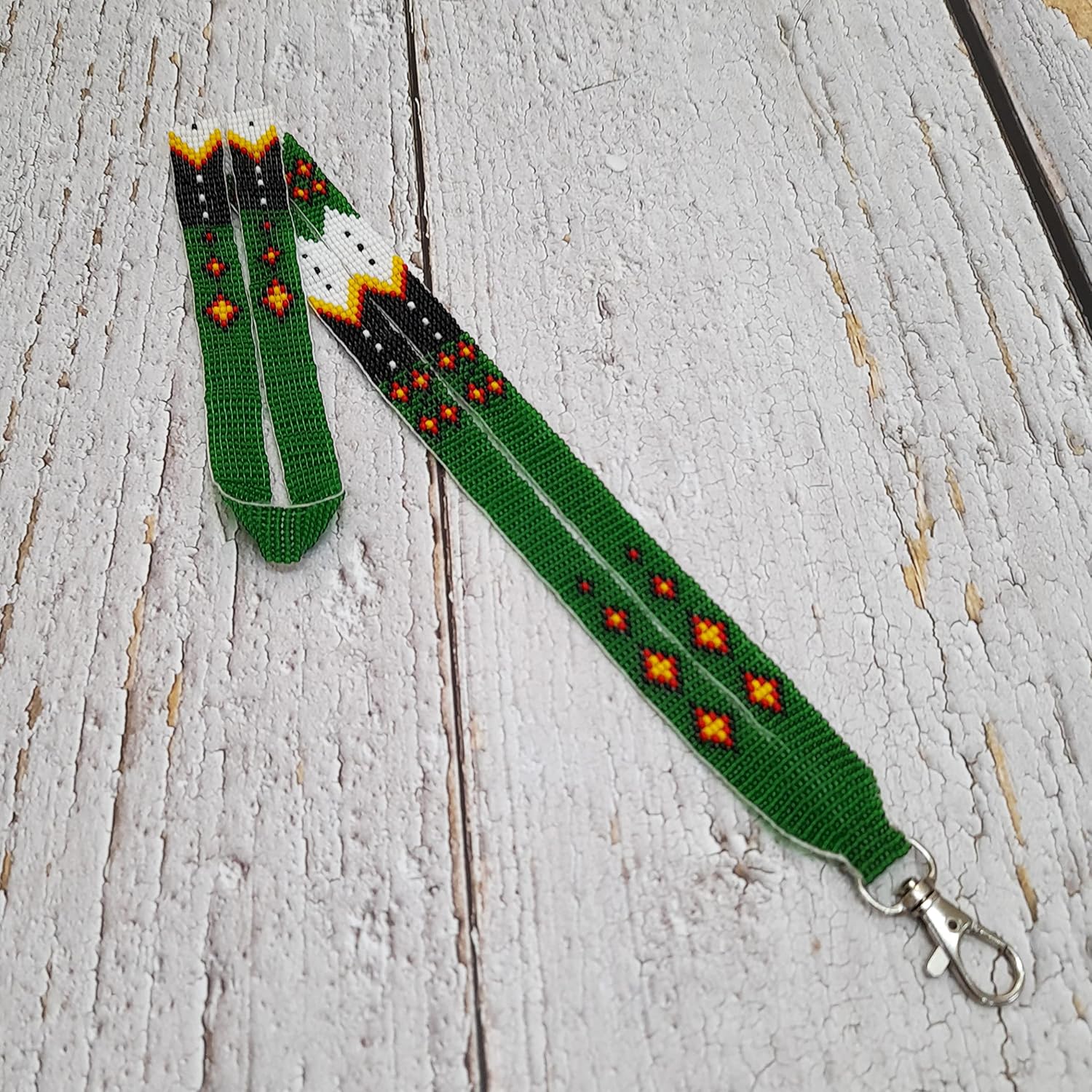 Native American Style Lanyard, Beaded Badge Holder, ID Card Holder, Loom Beaded Lanyard (ID-456) (Green)