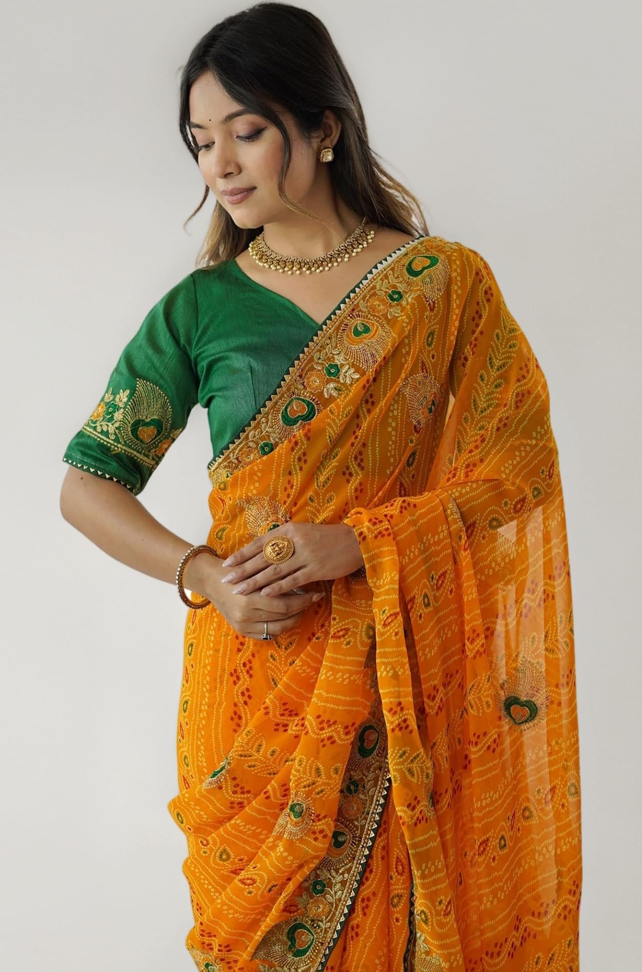 SIRIL Women's Georgette Bandhani Printed and Embroidery Saree with Unstitched Blouse Piece