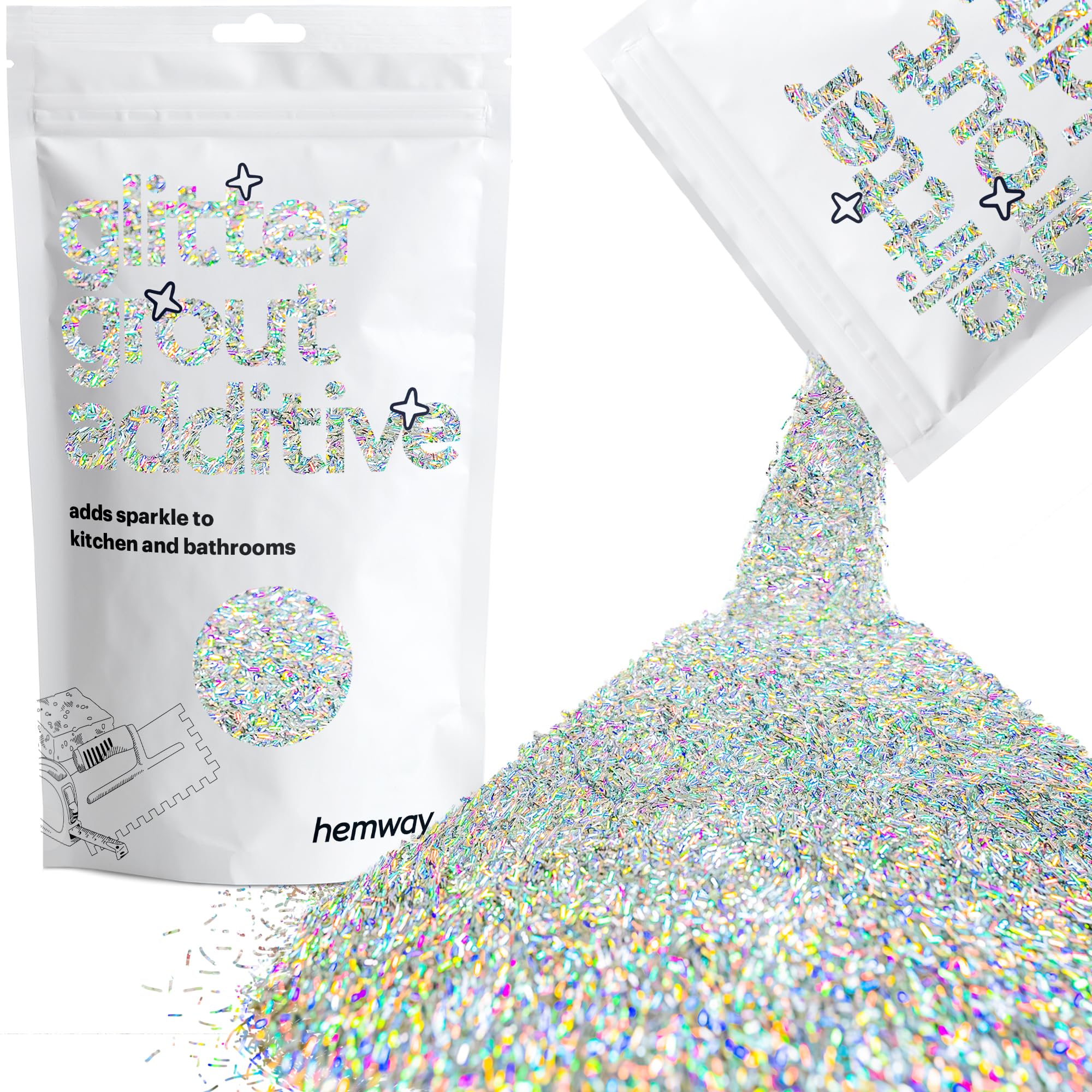 Hemway Silver Holographic Fibre Strands Glitter Grout Additive 100g Metallic Flakes for Adding Sparkle to Kitchen & Bathroom Tiles | Enhance Your Indoor Grouting Projects with a Durable Sparkly Effect