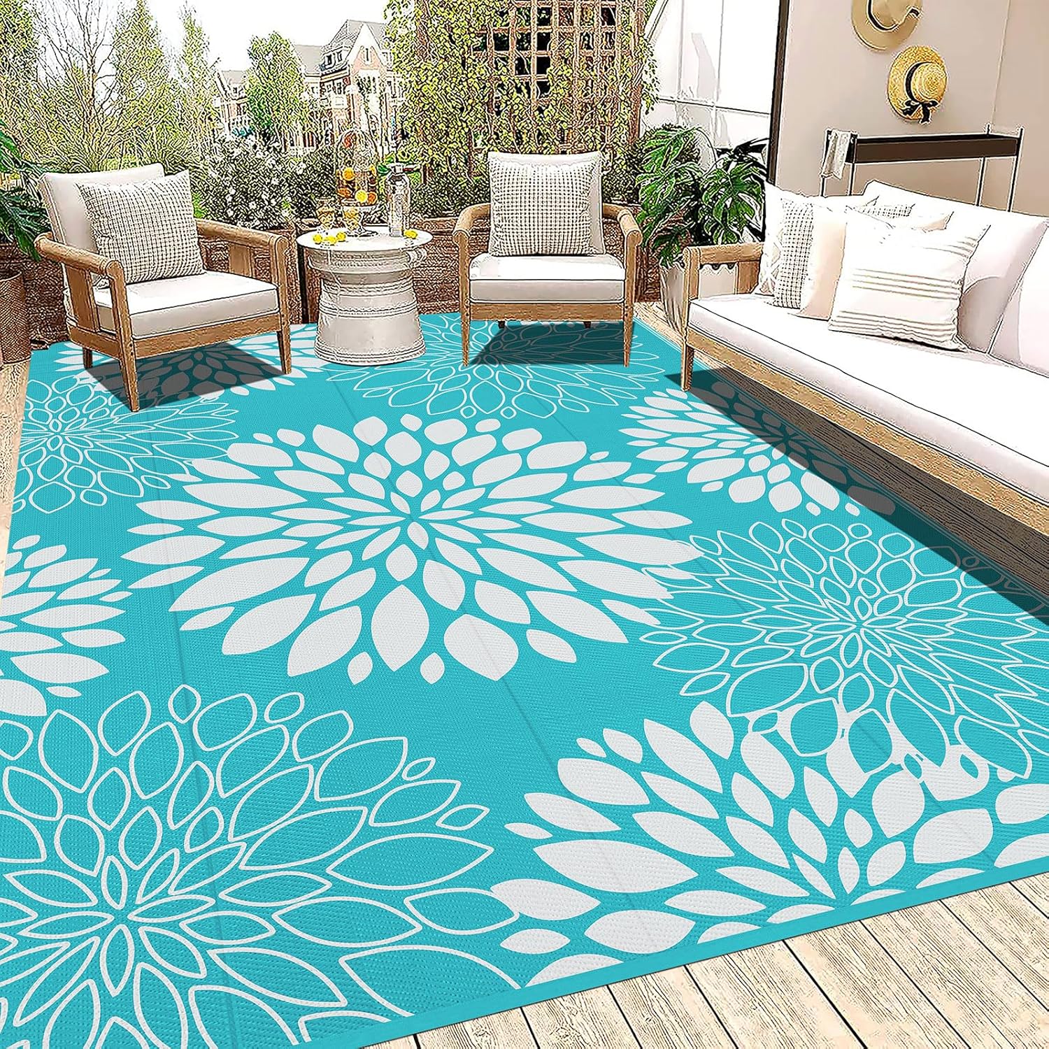 Ileading Waterproof Outdoor Rug 8x10, Reversible Plastic Straw Patio Rug, Portable Indoor Outdoor RV Camping Mat Carpet for Deck, Porch, Balcony, Backyard, Picnic, Floral Teal