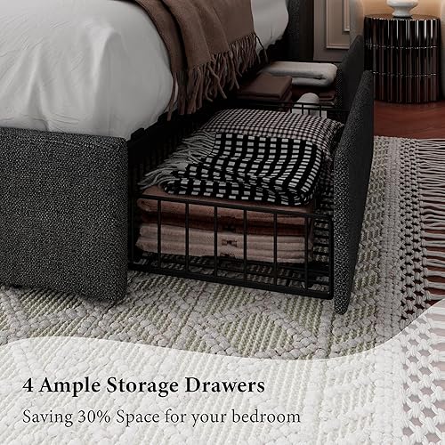 Miniatura 4 de iPormis Base de cama Queen con 4 cajones de almacenamiento, marco de cama tapizado con puertos tipo C y USB, cabecera de almacenamiento con respaldo