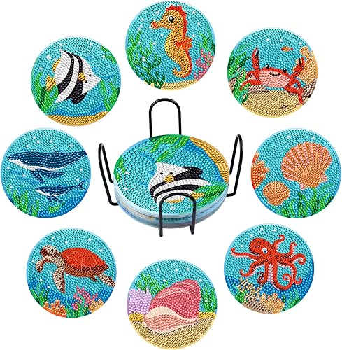 Miniatura 8 de Bouiexye Kit de pintura artística de posavasos de diamante, 8 posavasos de diamante con soporte para manualidades de diamantes para adultos, niños,