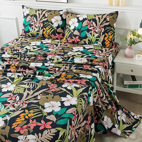 FADFAY Juego de sábanas de algodón con estampado floral negro y flores rojas para dormitorio universitario, dormitorio universitario, patrón de