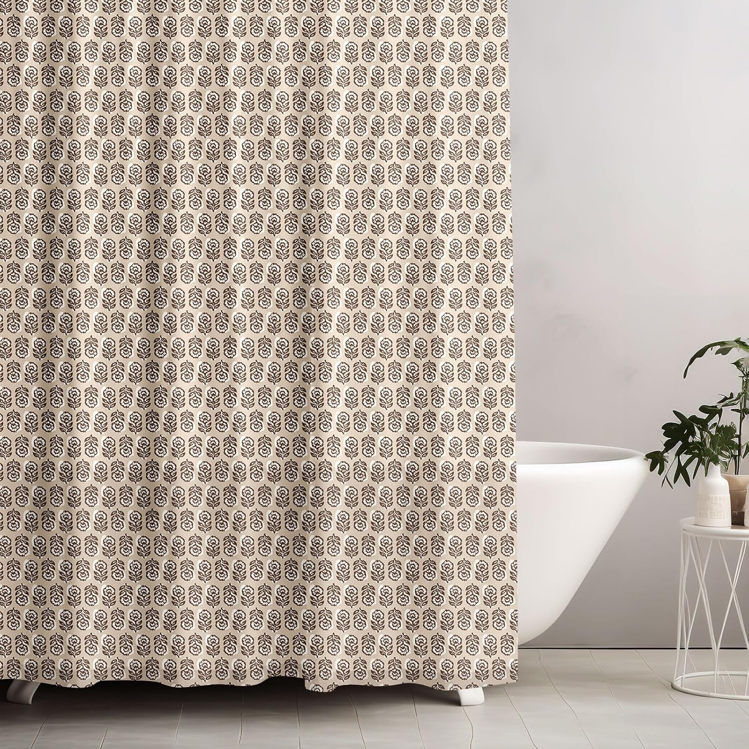 Mindsoft Brown Floral Shower Curtain Block Print Cotton Linen Shower Curtains Vintage with 12 Metal Hooks 72" W x 72" L Neutral Boho Farmhouse Curtain Washable for Bathroom Bathtub Decor