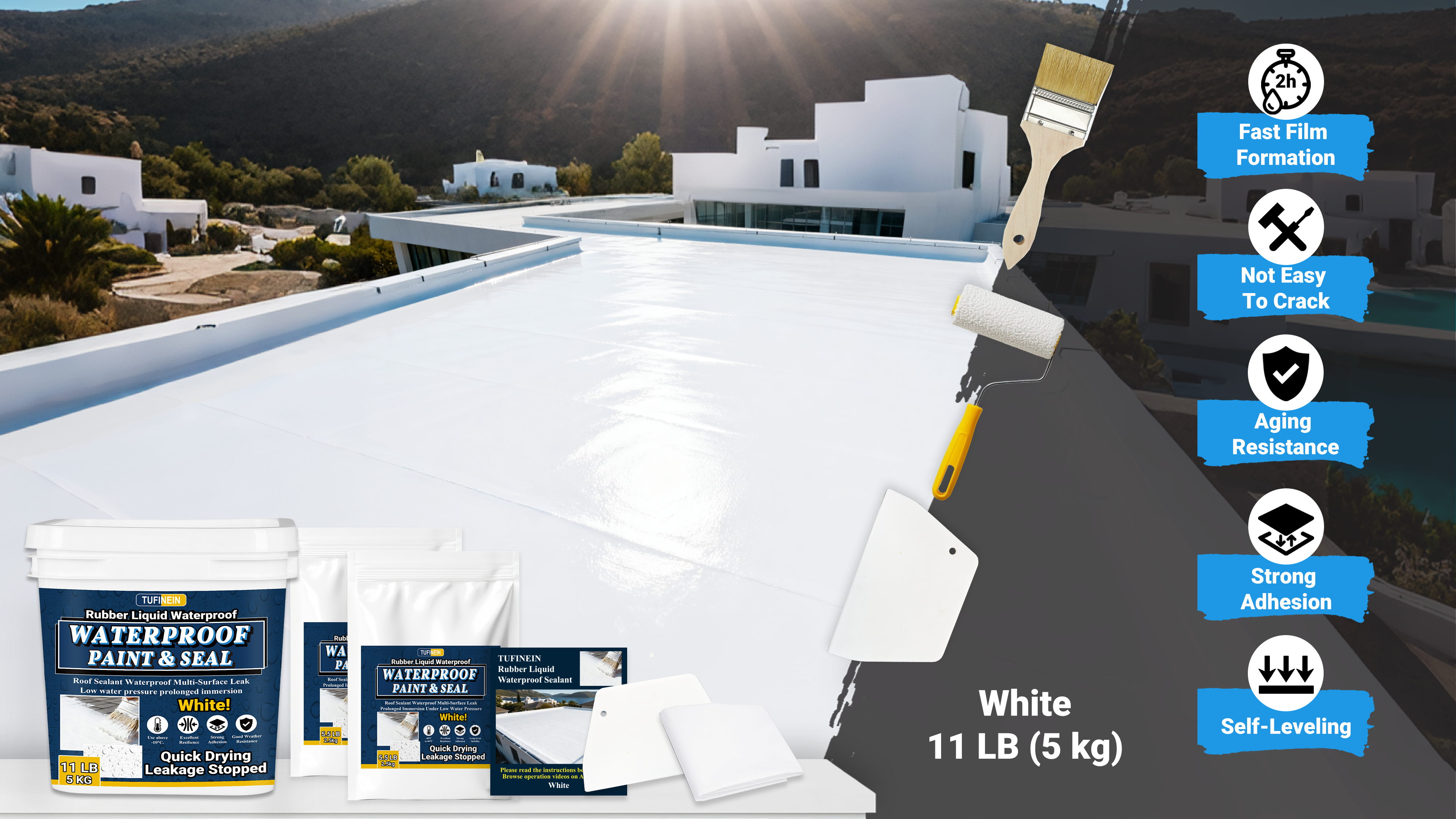 Image of Rubber Liquid Waterproof Sealant, TUFINEIN 11 LB /5 KG White Quick Drying Multi Surface Foundation Leak Repair - Roof Gutters Basement Sealer Waterproof - Indoor & Outdoor Flexible Rubber Paint