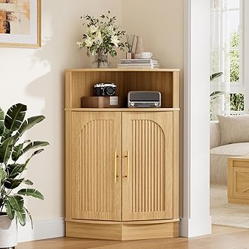 Vabches Corner Storage Cabinet, Corner Bathroom Cabinet with Open Storage, Modern Floor Corner Cabinet with Fluted Doors and Adjustable Shelf, for Bathroom, Living Room, Kitchen, Pantry, Natural
