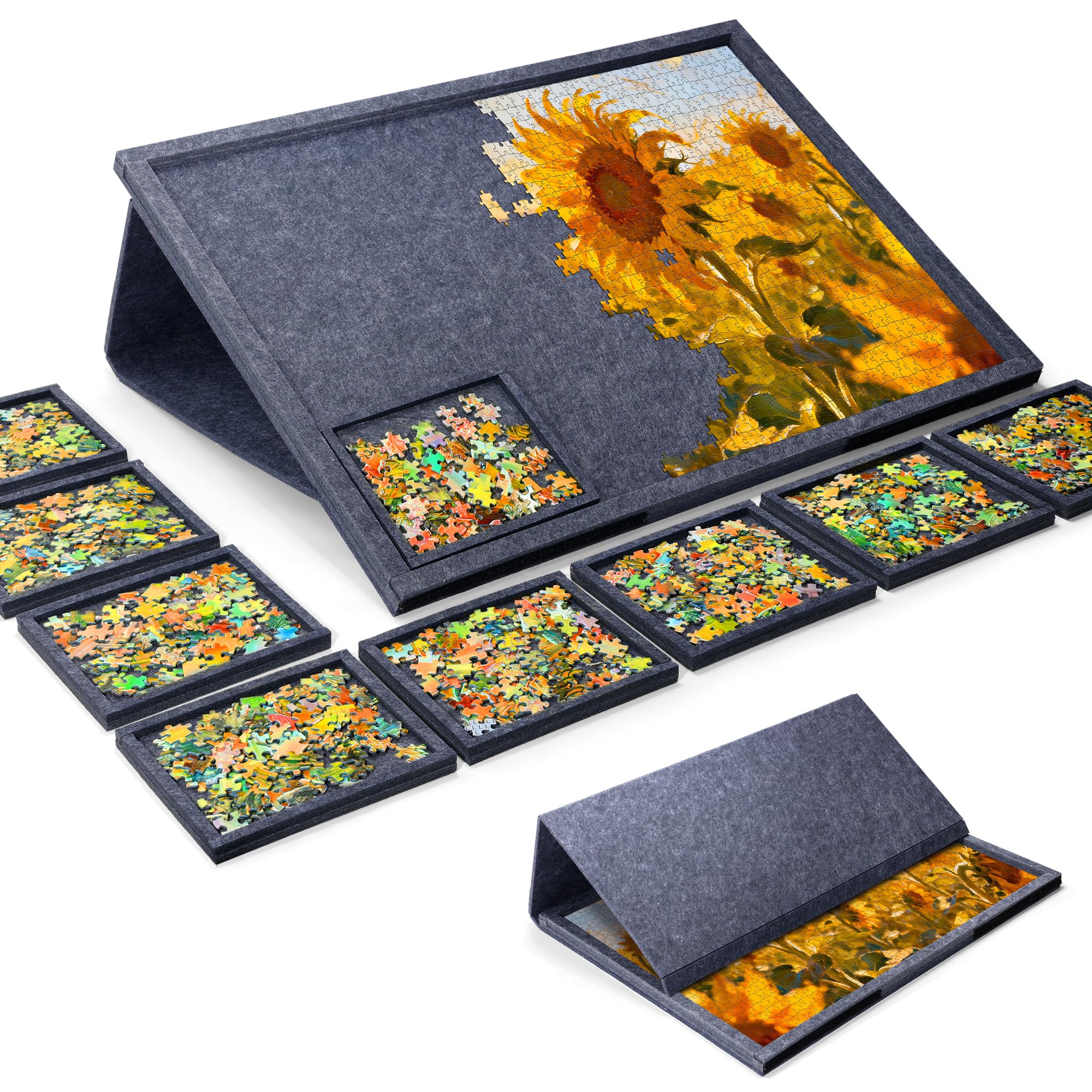 PP OPOUNT Filz Puzzlebrett für Puzzle bis 1000, Graues Neigbares Filz Puzzlebrett 2-in-1 Design Ständer und Abdeckung, Tragbares Puzzle Tisch mit 9 Entnahme-Sortierschalen Puzzletisch für Erwachsene