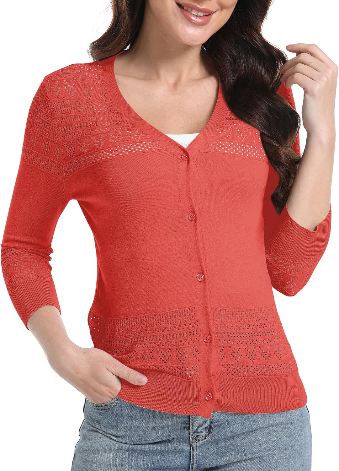 Urban CoCo Women's V-Neck Boho Crochet Cardigan 2025 Summer Lightweight 3/4 Sleeve Open Front Button Down Cover Up - Image 5