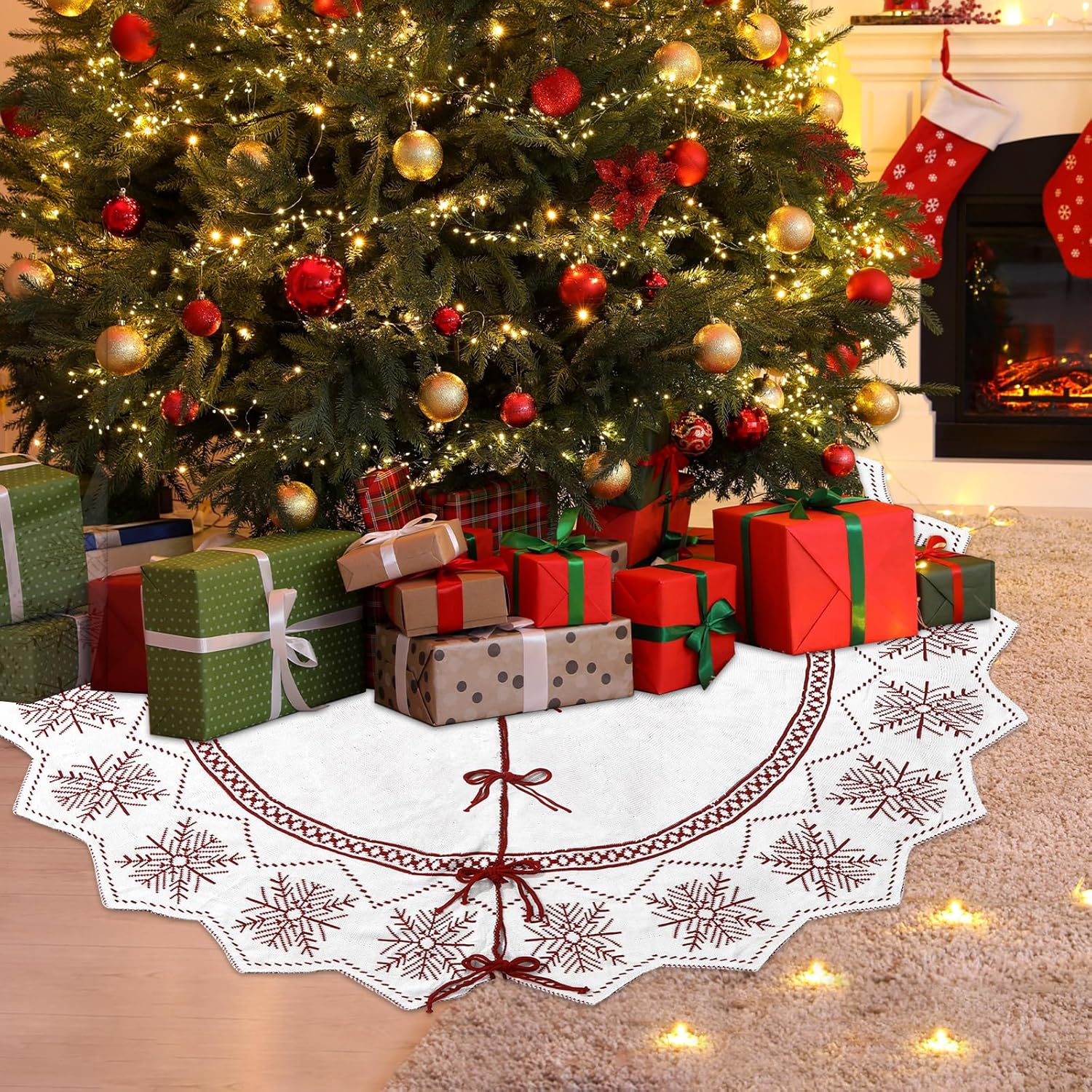 60inch Extra Large Christmas Tree Skirt Wavy Edged Reversible Knitted Tree Skirt Burgundy & Snowflake Pattern Thick Rustic Xmas Trees Decorations with Lace Ties for Holiday Home Party Decorations