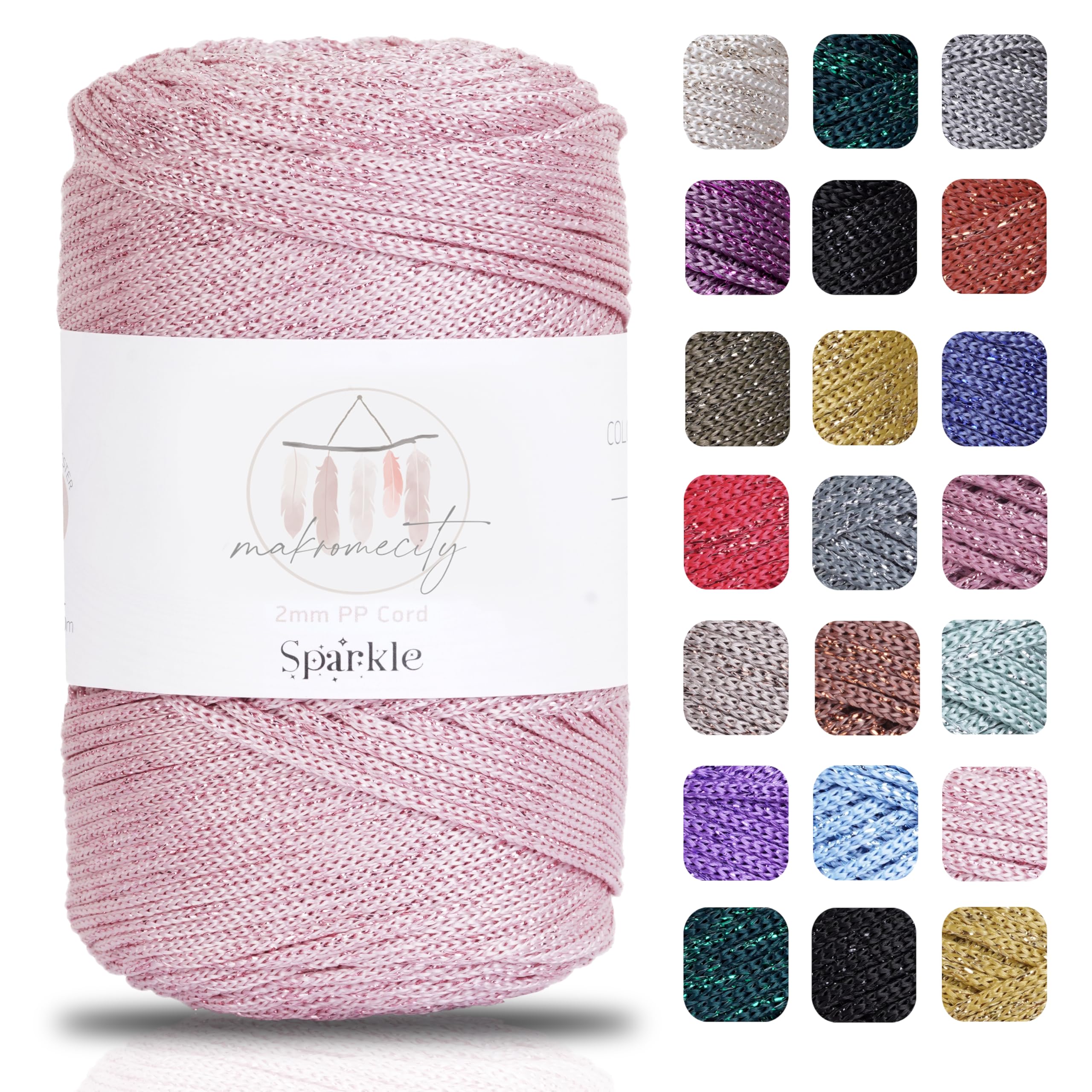Makromecity, Sparkle Polyester Macrame Cord 2mm x 250 Yards (750 feet) 2mm Polypropylene Macrame Cord for Macrame Art & Crafts for Wall Hangings, Bags, Underplate, Rug