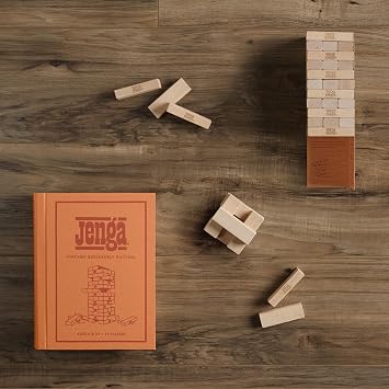 WS Game Company Jenga Vintage Bookshelf Edition, Linen Wrapped Book Box & Slipcase, 54 Hardwood Blocks & Stacking Sleeve, Classic Jenga Game for Adults & Kids, Ages 6+
