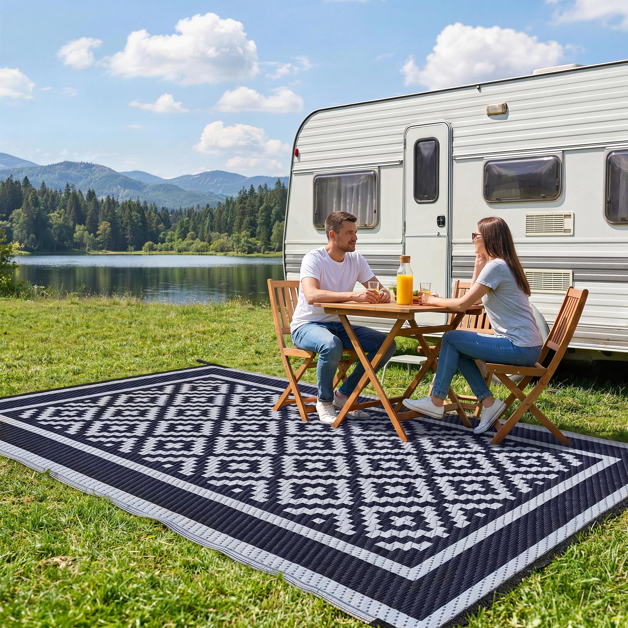 Kohree Tapis d'extérieur réversible avec 4 piquets et 1 sac de transport pour camping-car, terrasse, arrière-cour, pique-nique, porche, bleu, 2,9 x 3,5 m