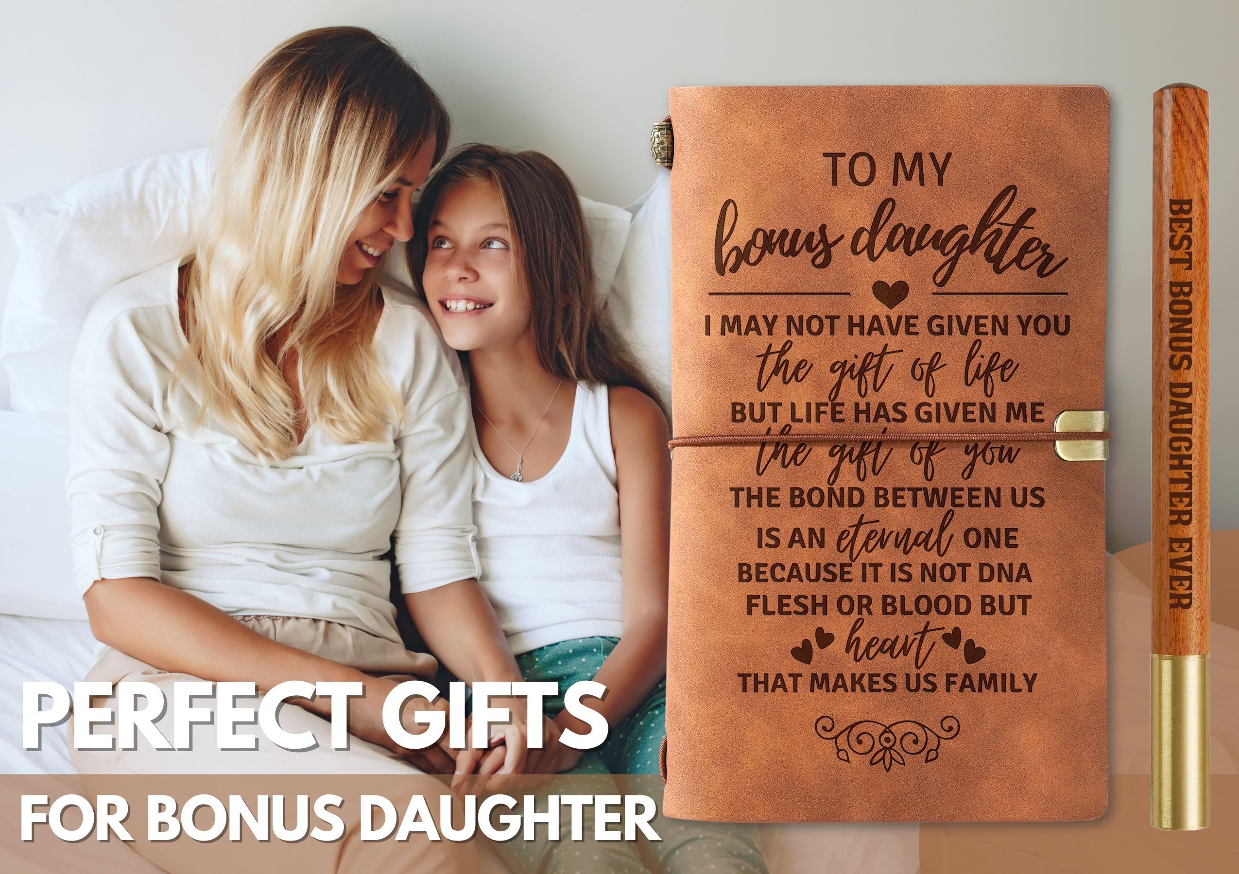 InnoBeta Bonus Daughter Gifts, To My Bonus Daughter Journal Notebook with Pen, Refillable Sketchbook, Travel Diary, Lined Planner, 7x5 Inches, Brown