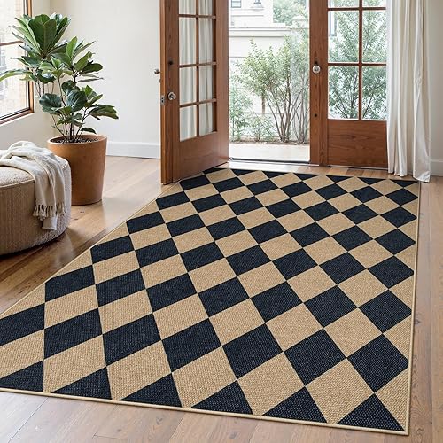 Lahome Checkered Easy Jute 5x7 Area Rugs, Washable Outdoor Patio