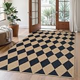 Lahome Checkered Easy Jute 5x7 Area Rugs, Washable Outdoor Patio Rug for Living Room Diamond Indoor Outdoor Carpet, Farmhouse Geometric Non Slip Black Carpet for Backyard Dining Room