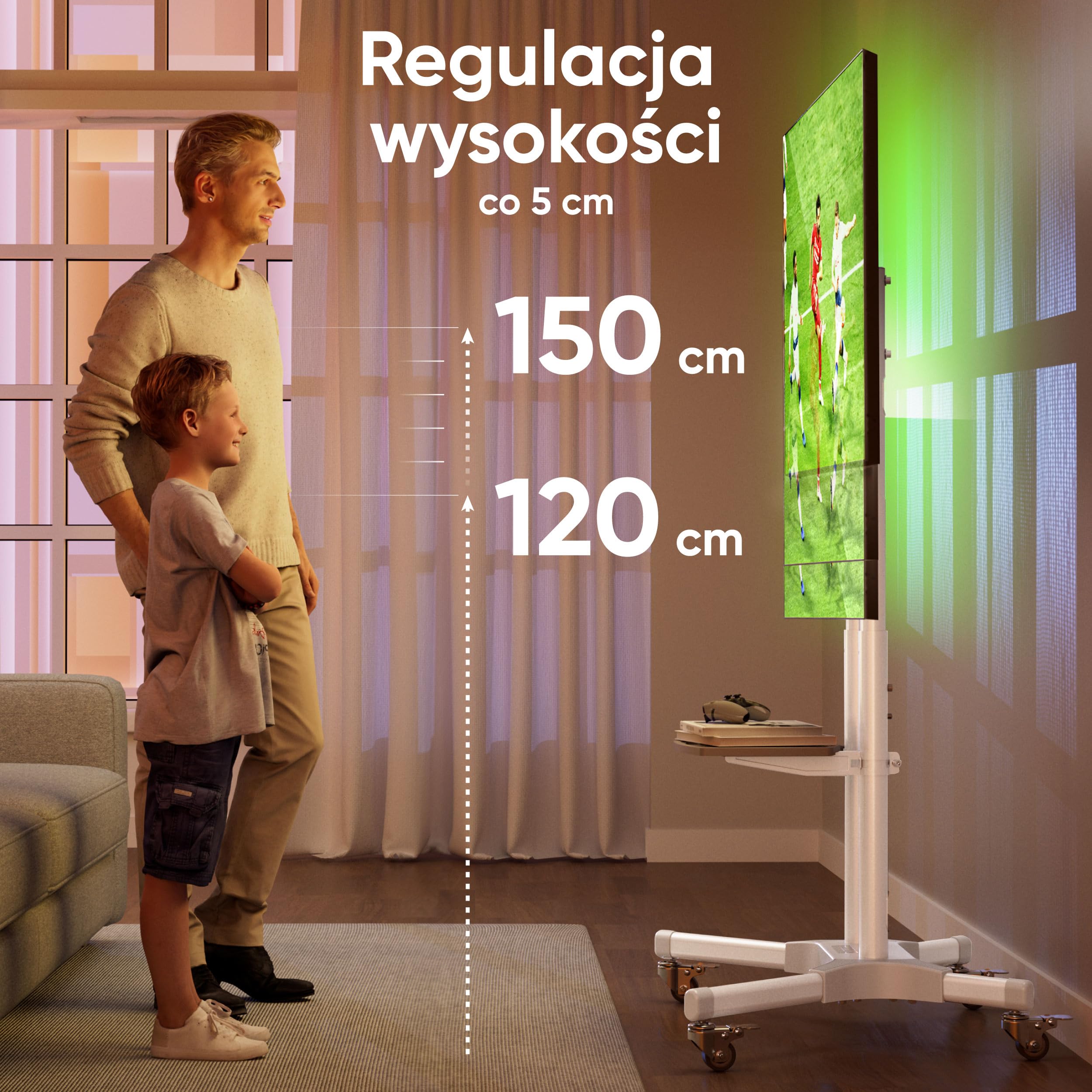 ONKRON Stojak na telewizor na kółkach dla ekranów 32" - 65" do 50 kg, regulowany na wysokość max VESA 600x400 - Uniwersalna podstawa TV/Wózek na telewizor z kółkami, biały TS1351-W